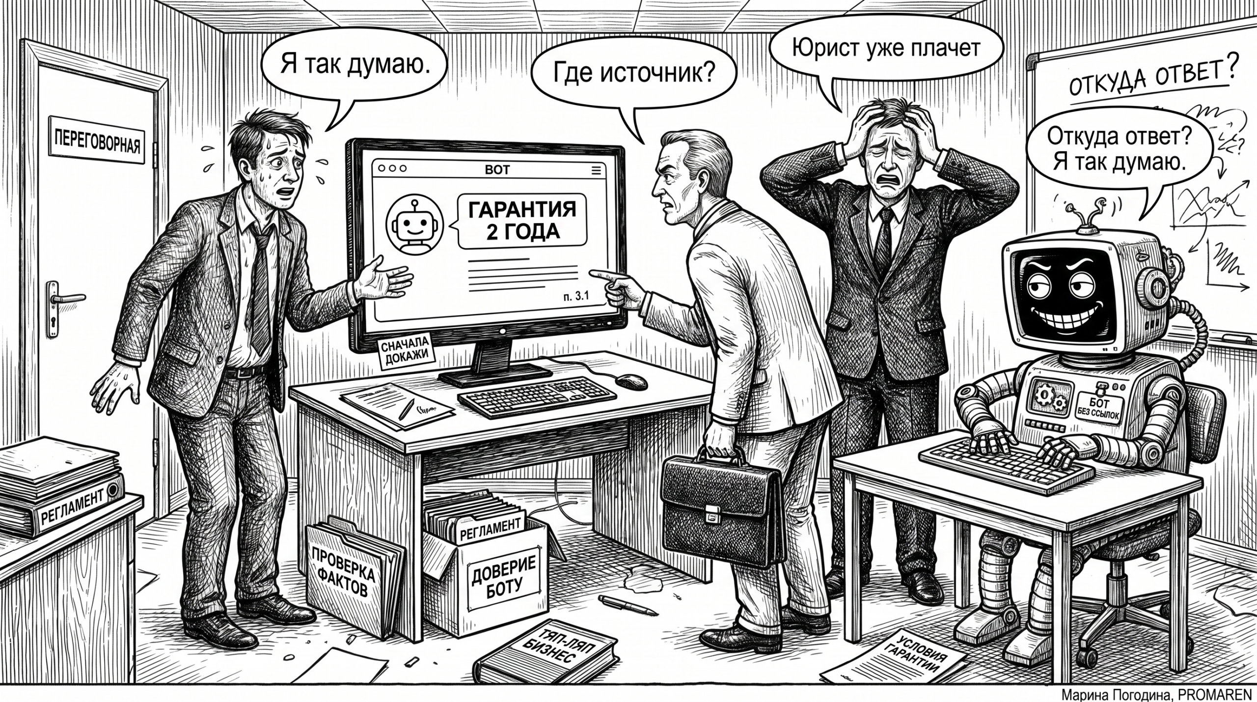 Карикатура о бизнес-боте без ссылок на источник и недоверии клиента | Марина Погодина, PROMAREN