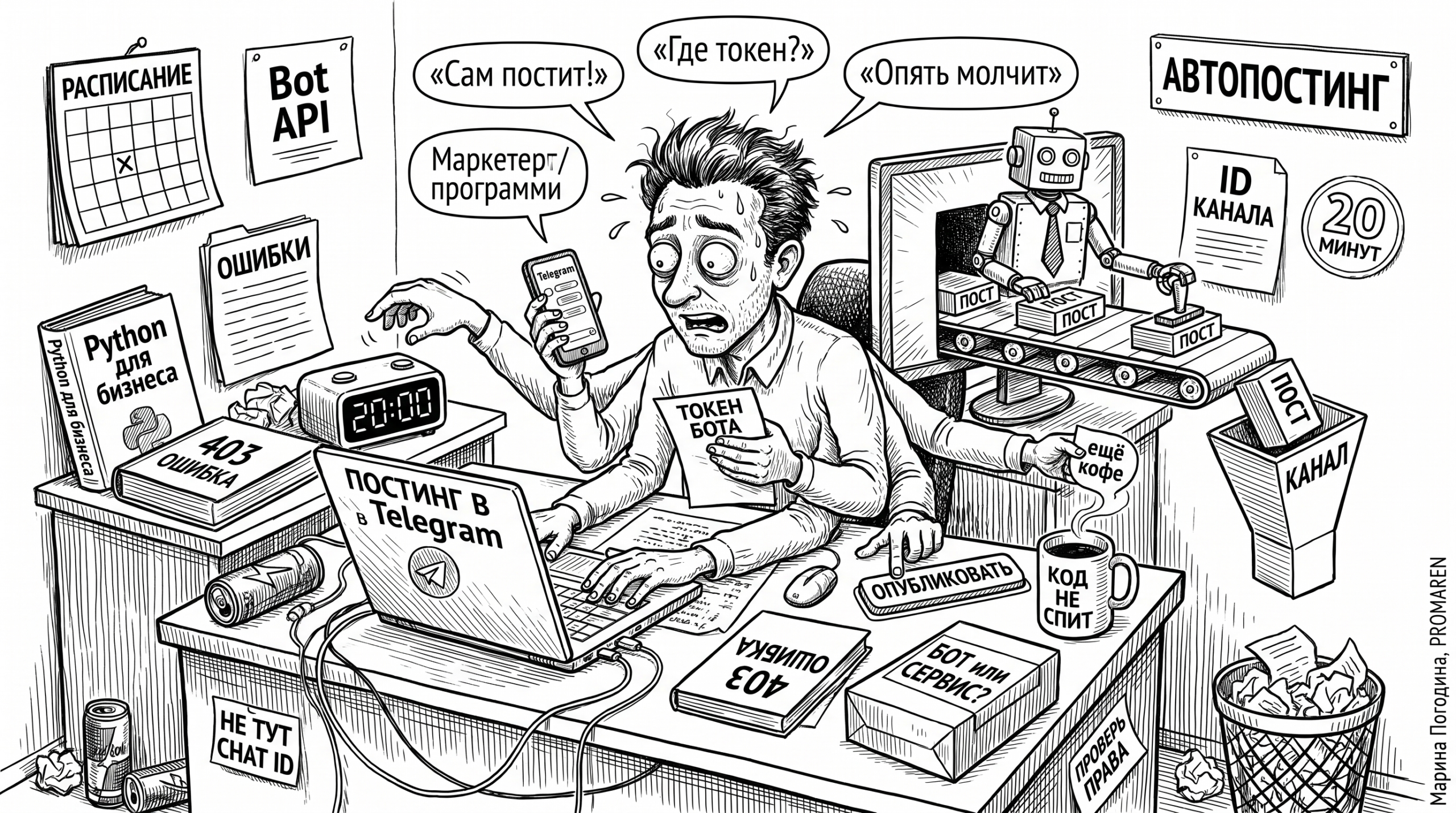 Чёрно-белая карикатура про автопостинг в Telegram с ботом, Python и хаосом настройки | Марина Погодина, PROMAREN