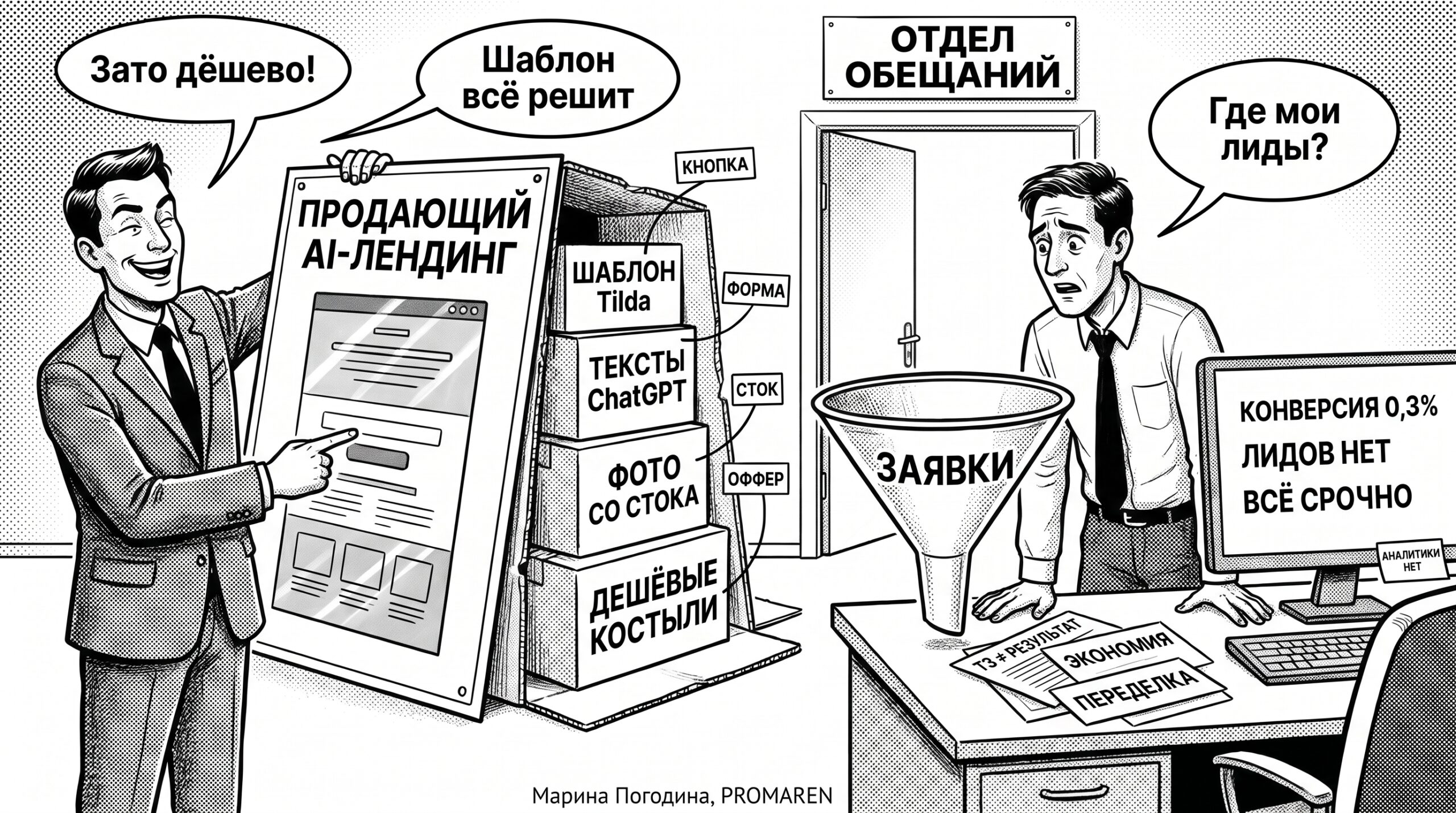 Чёрно-белая карикатура про дешёвый AI-лендинг: красивые обещания, шаблон Tilda и конверсия 0,3% | Марина Погодина, PROMAREN