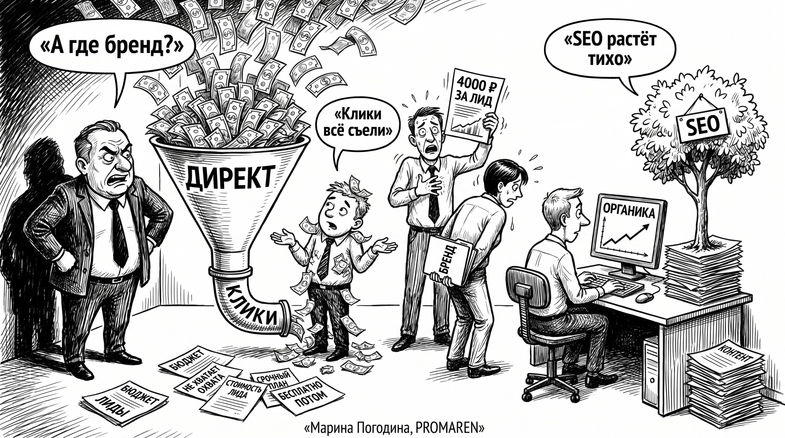 Чёрно-белая карикатура о том, как бюджет утекает в клики, а SEO растёт как актив | Марина Погодина, PROMAREN