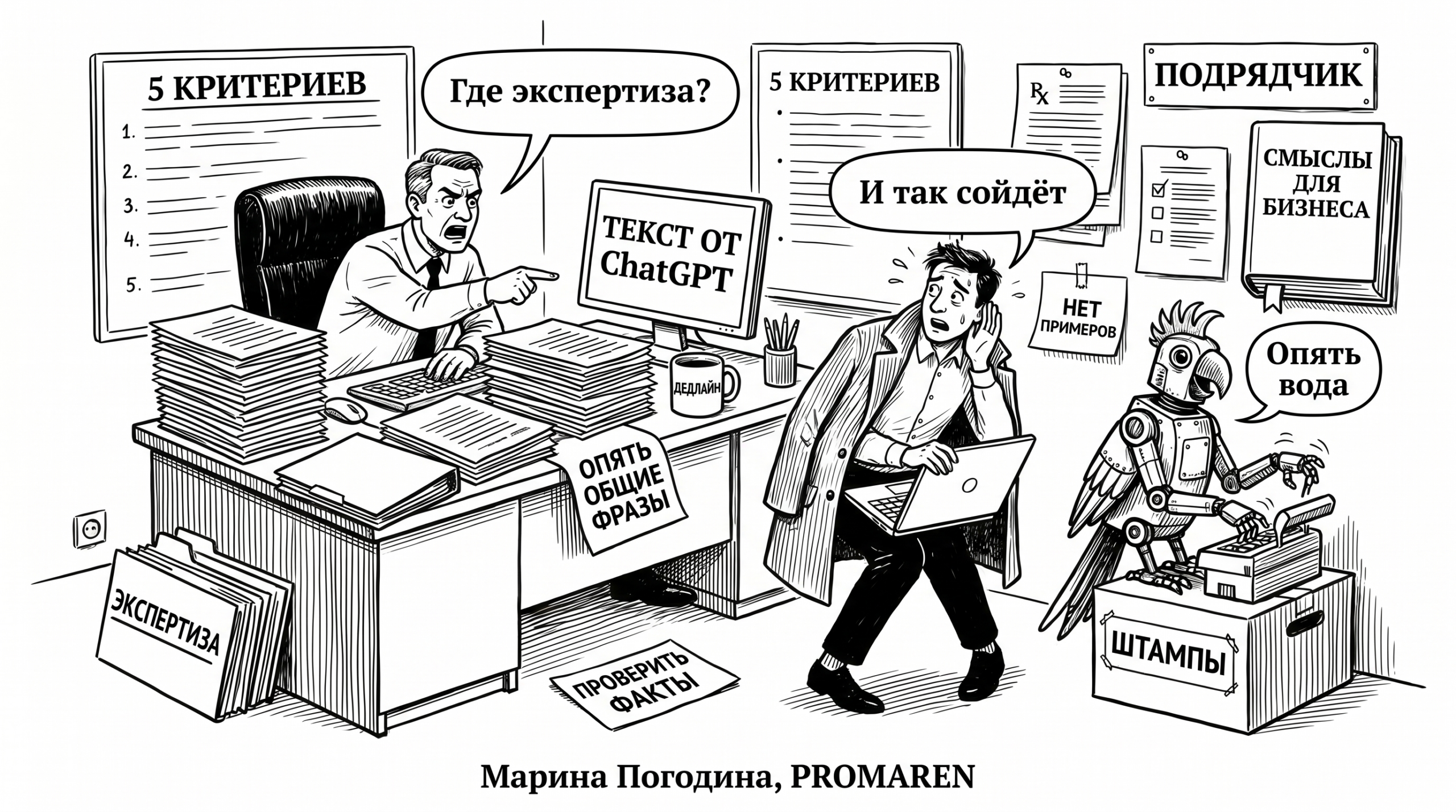 Чёрно-белая карикатура про подрядчика, который выдает AI-штампы за экспертизу | Марина Погодина, PROMAREN