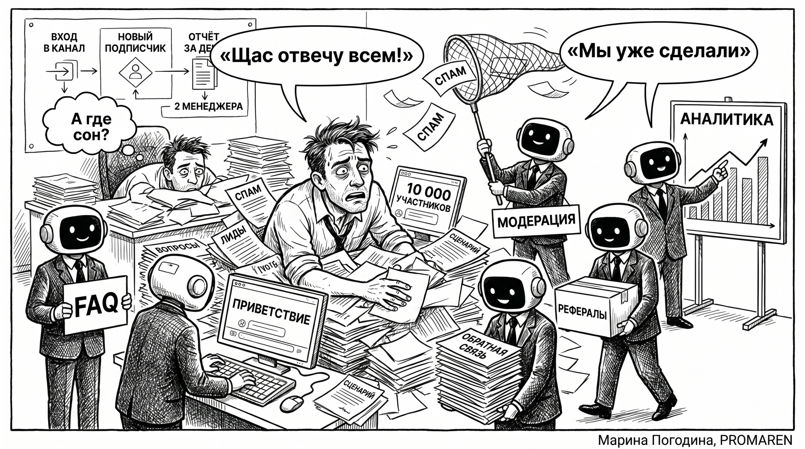 Чёрно-белая карикатура: шесть ботов разгребают хаос в Telegram вместо менеджера | Марина Погодина, PROMAREN