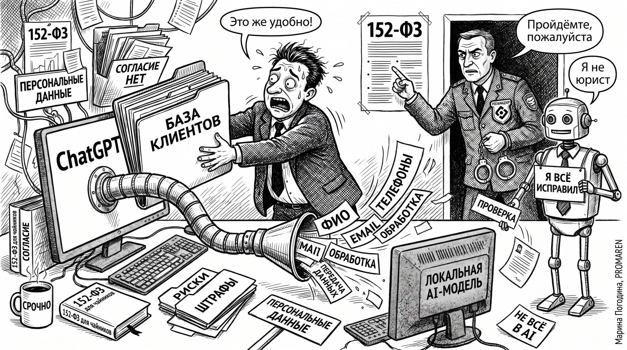Чёрно-белая карикатура о нарушении 152-ФЗ при загрузке базы клиентов в ChatGPT | Марина Погодина, PROMAREN