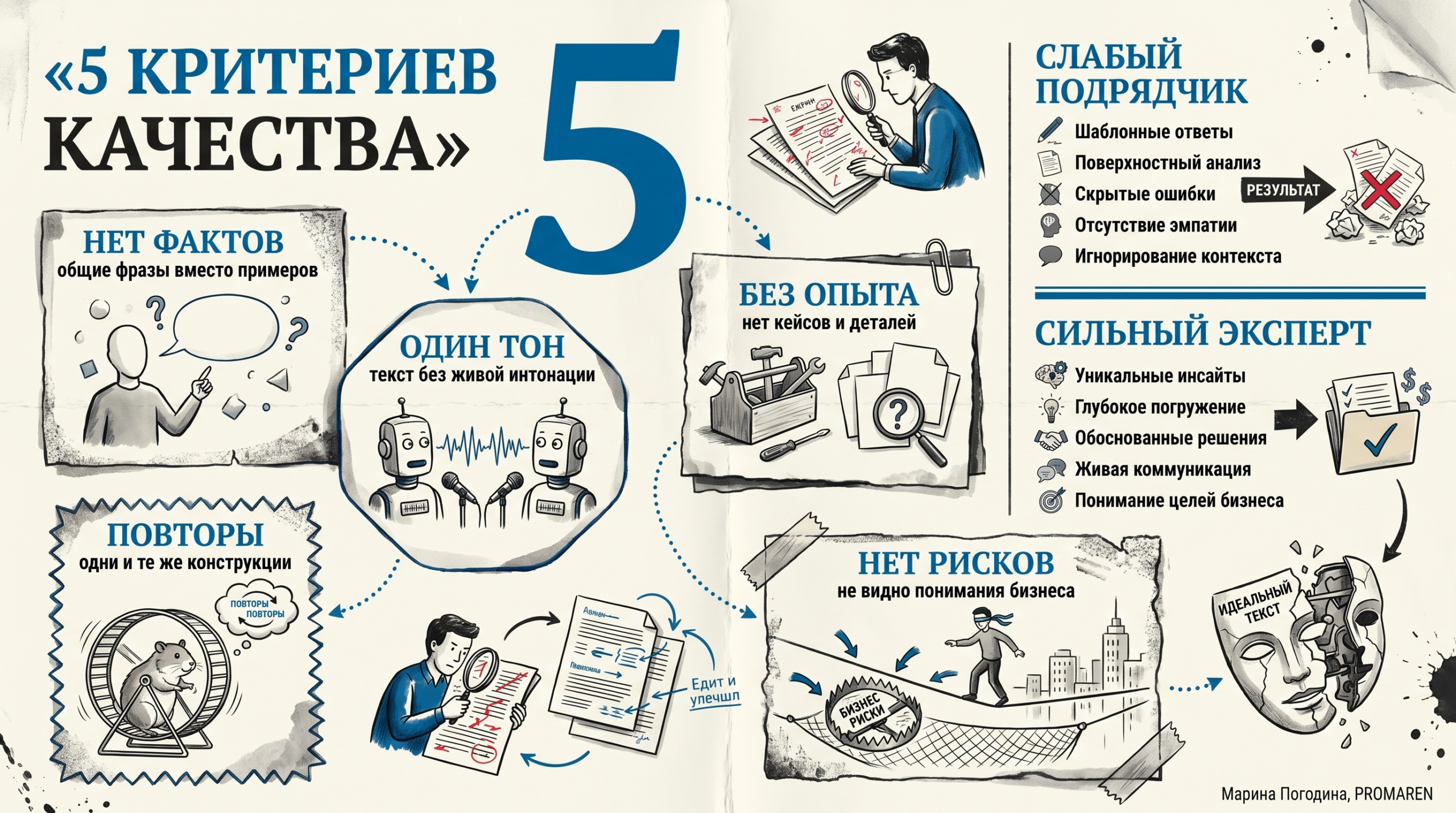 Инфографика сравнивает слабый AI-текст и экспертный текст по пяти критериям качества | Марина Погодина, PROMAREN