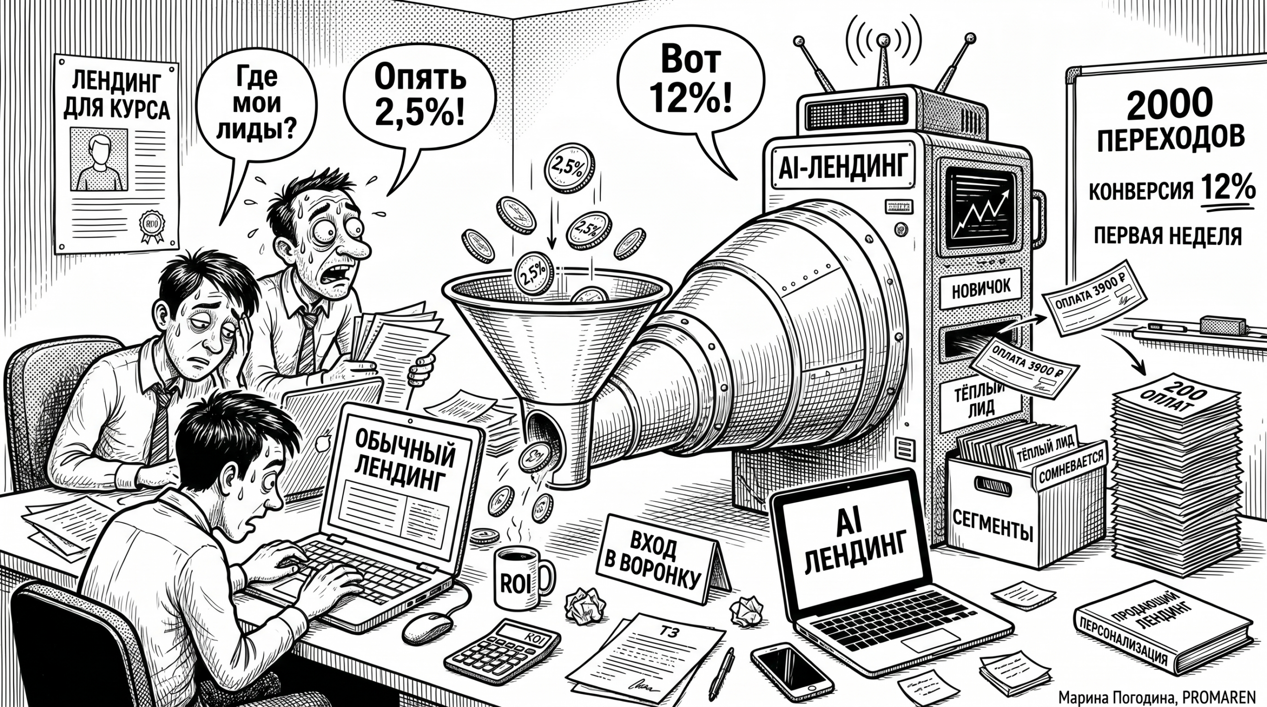Чёрно-белая карикатура про лендинг для курса, AI-воронку, рост конверсии и 200 оплат | Марина Погодина, PROMAREN
