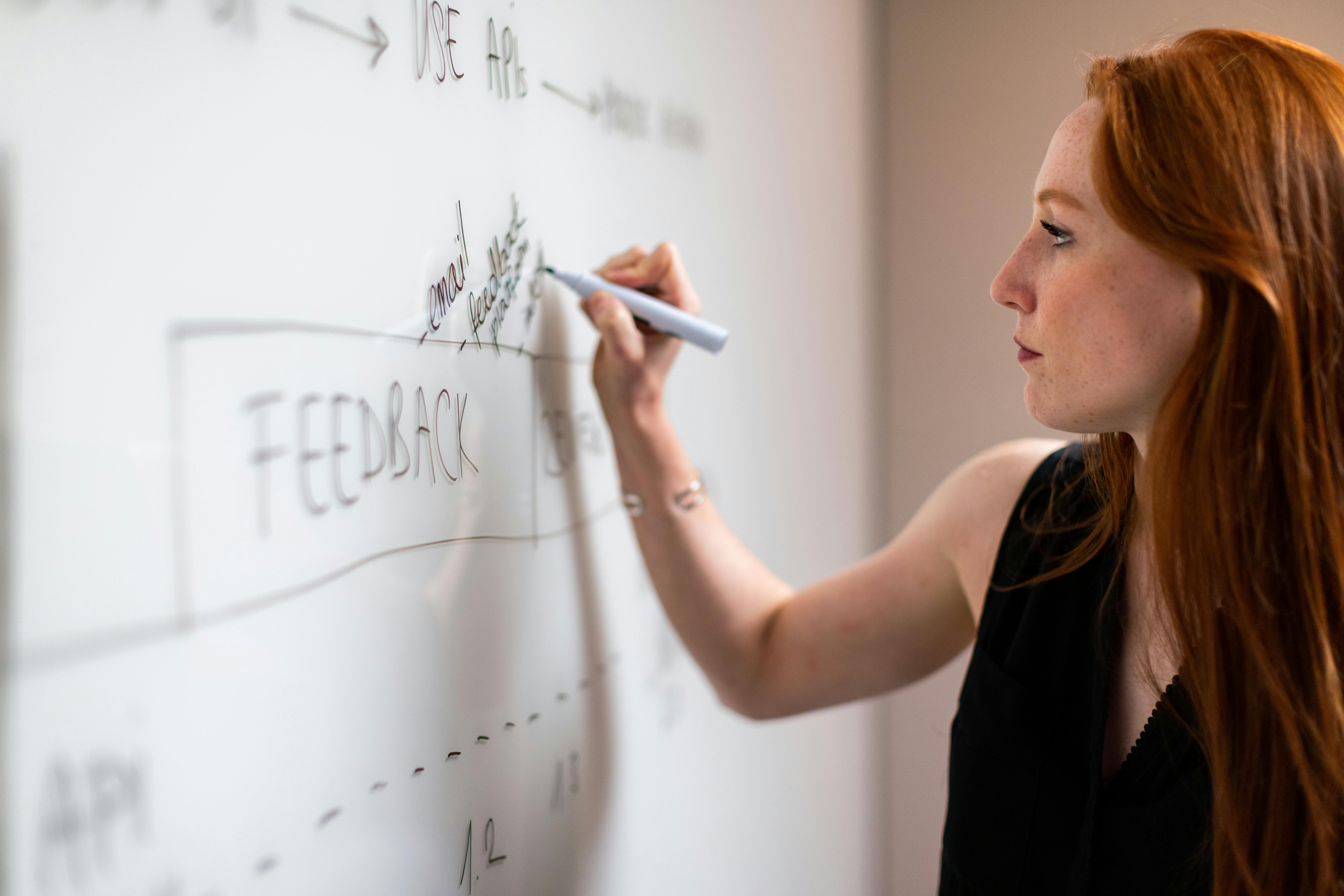 Focused woman writing on a whiteboard during a business planning session с картой болевых точек клиентов.