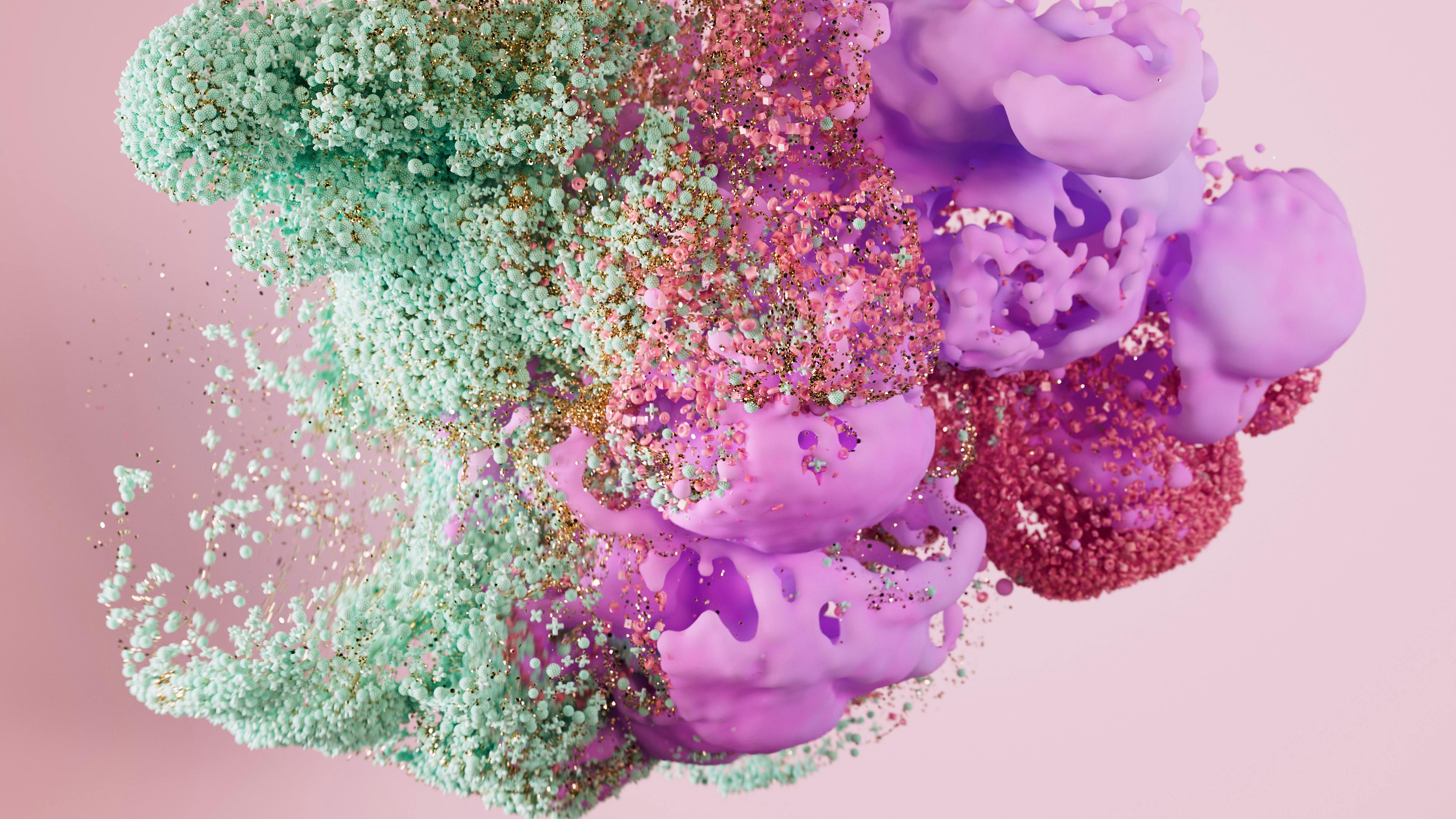 Dynamic abstract composition of colorful particles and shapes, blending vivid textures and hues.