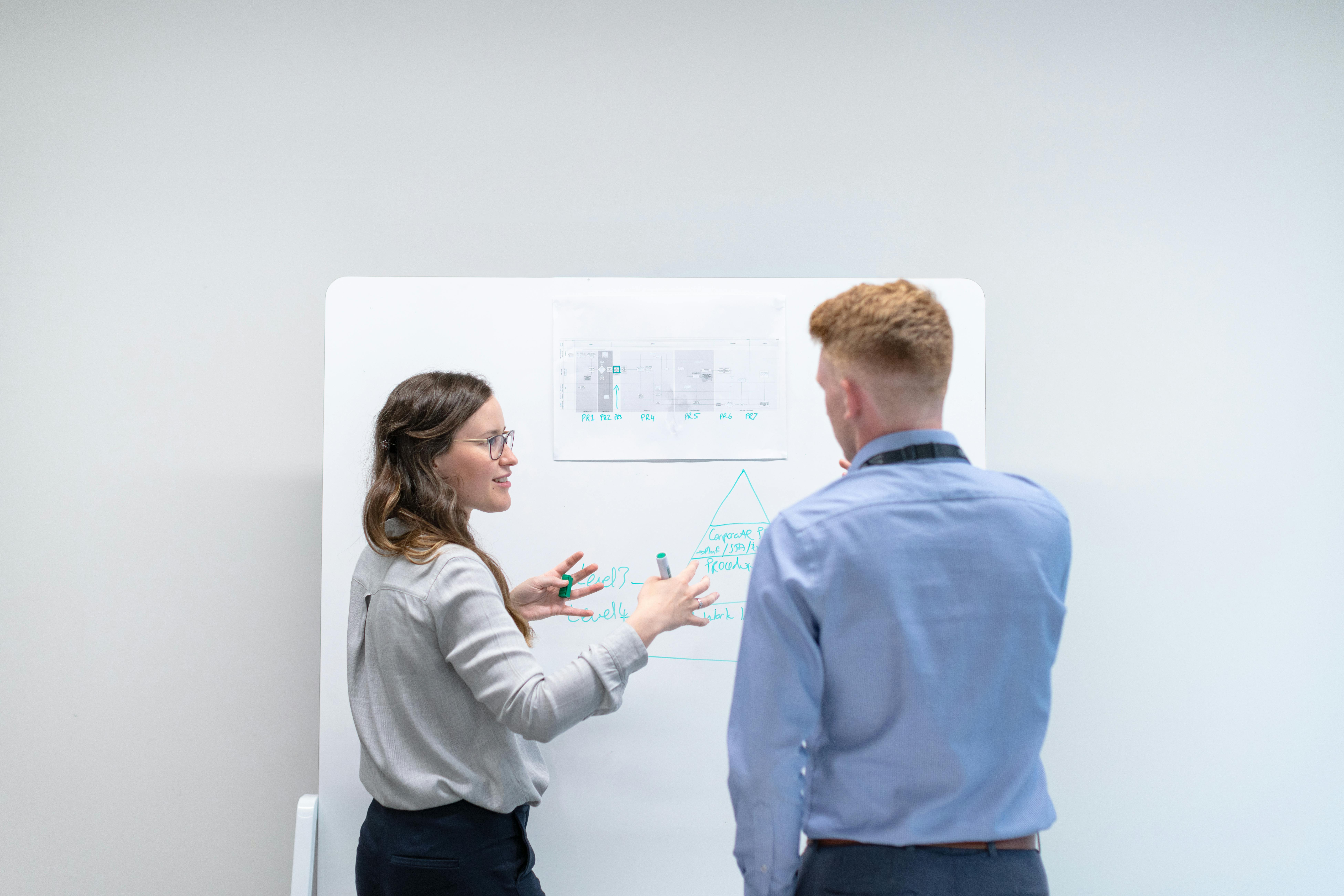 Two professionals discussing project plans at whiteboard in office setting с архитектурой конвейера GigaChat.