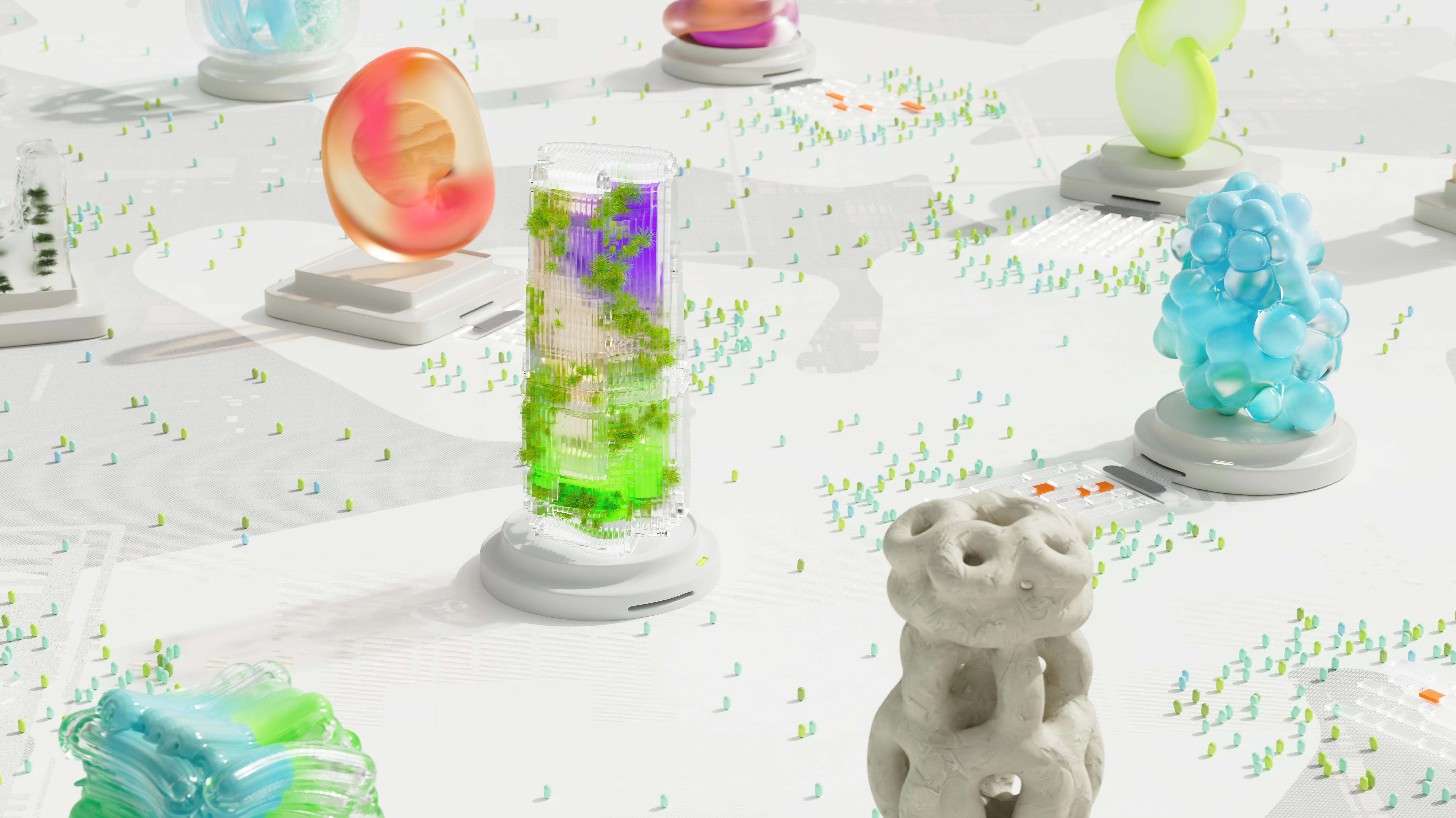 Vibrant futuristic 3D render featuring abstract shapes and AI themes.