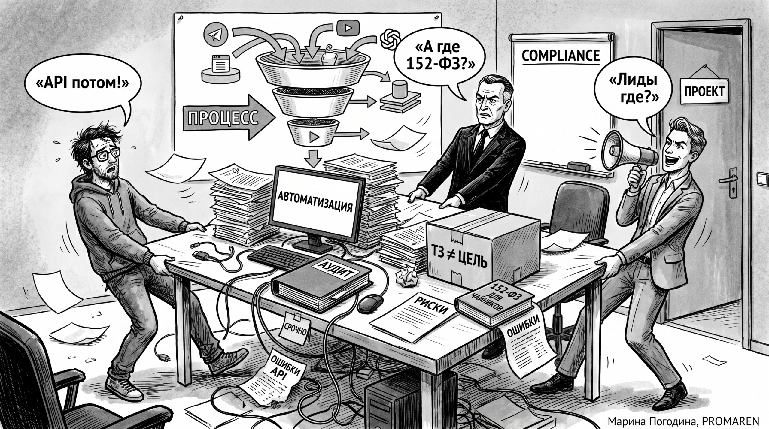 Чёрно-белая карикатура о конфликте программиста, compliance и маркетинга в автоматизации | Марина Погодина, PROMAREN