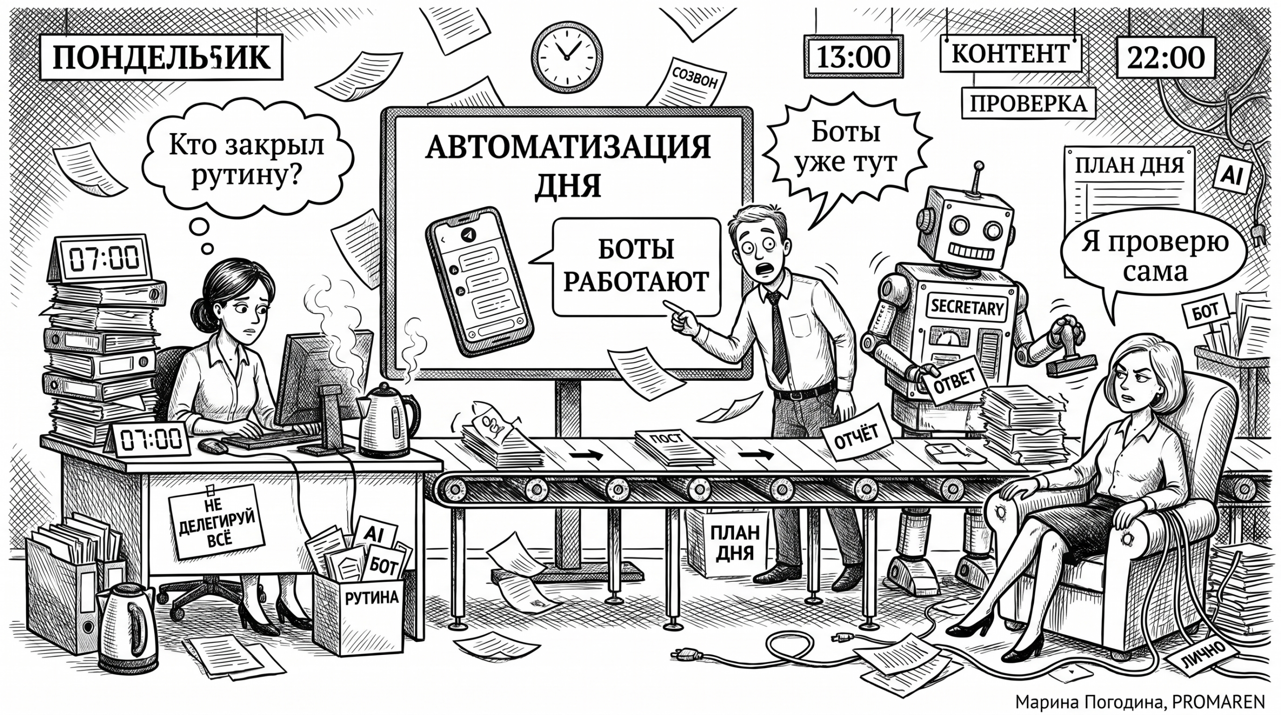 Чёрно-белая карикатура о понедельнике с ботами, задачами и ручной проверкой | Марина Погодина, PROMAREN
