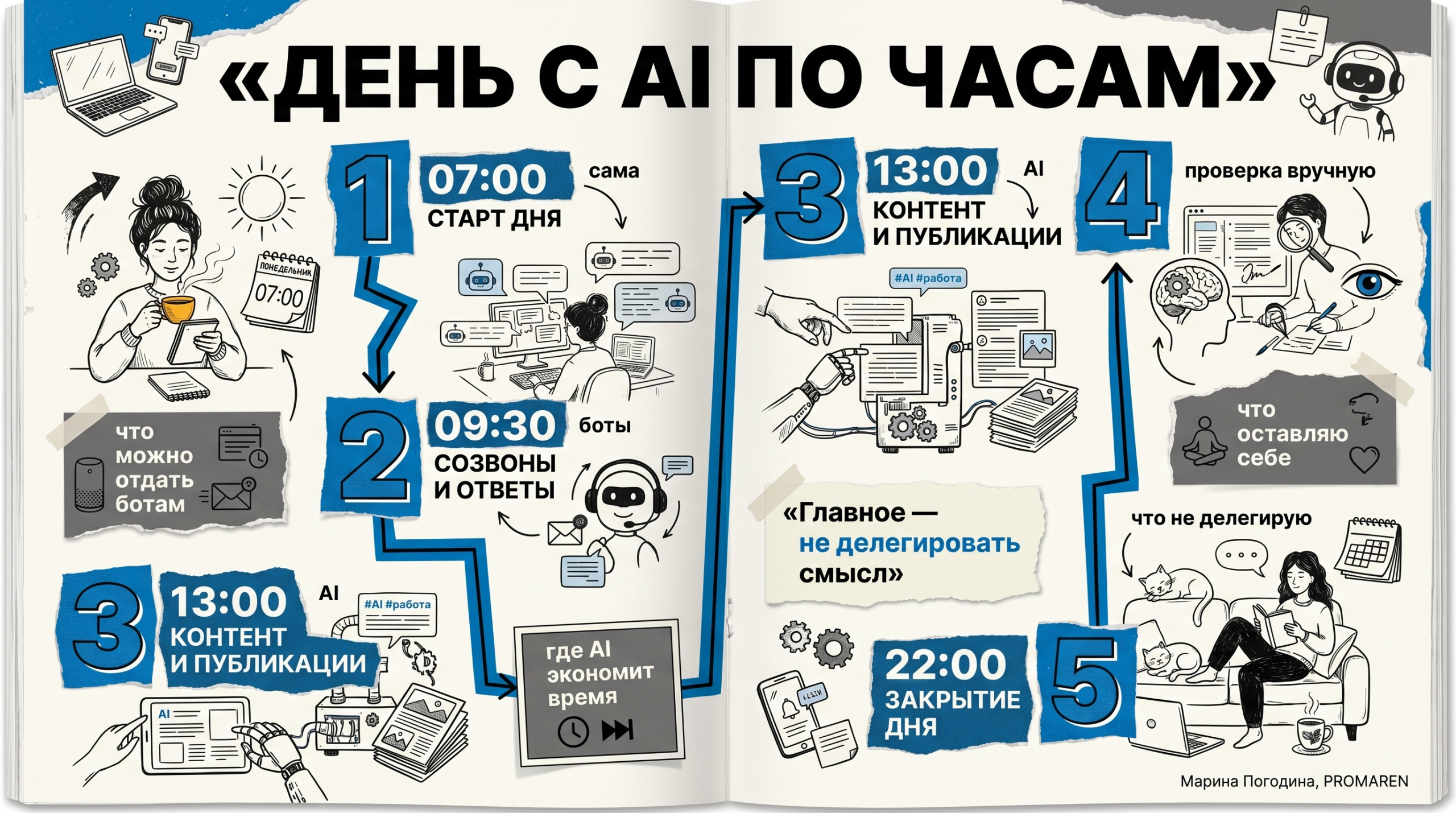 Инфографика с таймлайном дня, где показано что делает AI, бот и человек | Марина Погодина, PROMAREN