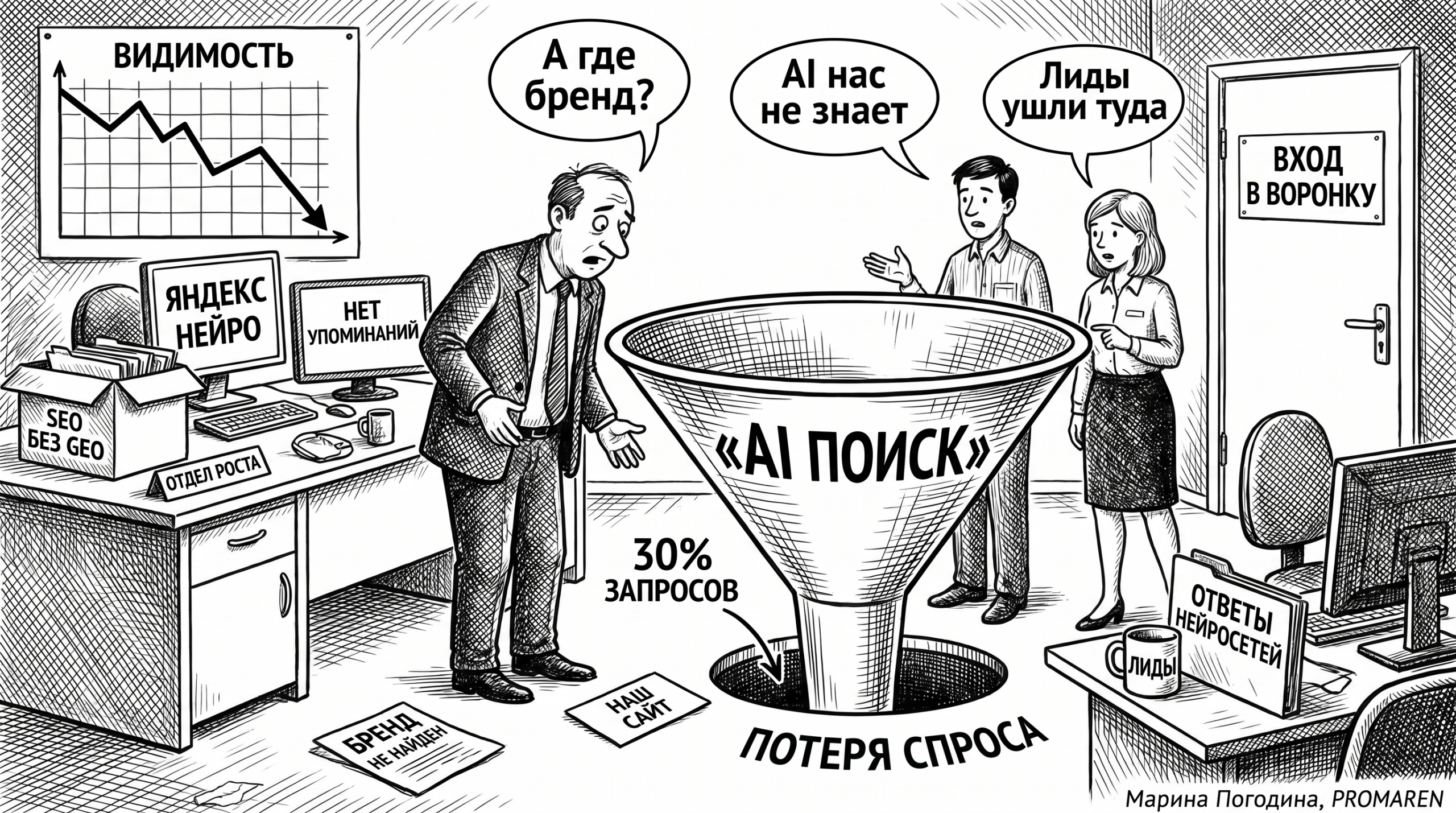 Чёрно-белая карикатура о том, как бизнес теряется в AI-поиске и не попадает в ответы нейросетей | Марина Погодина, PROMAREN