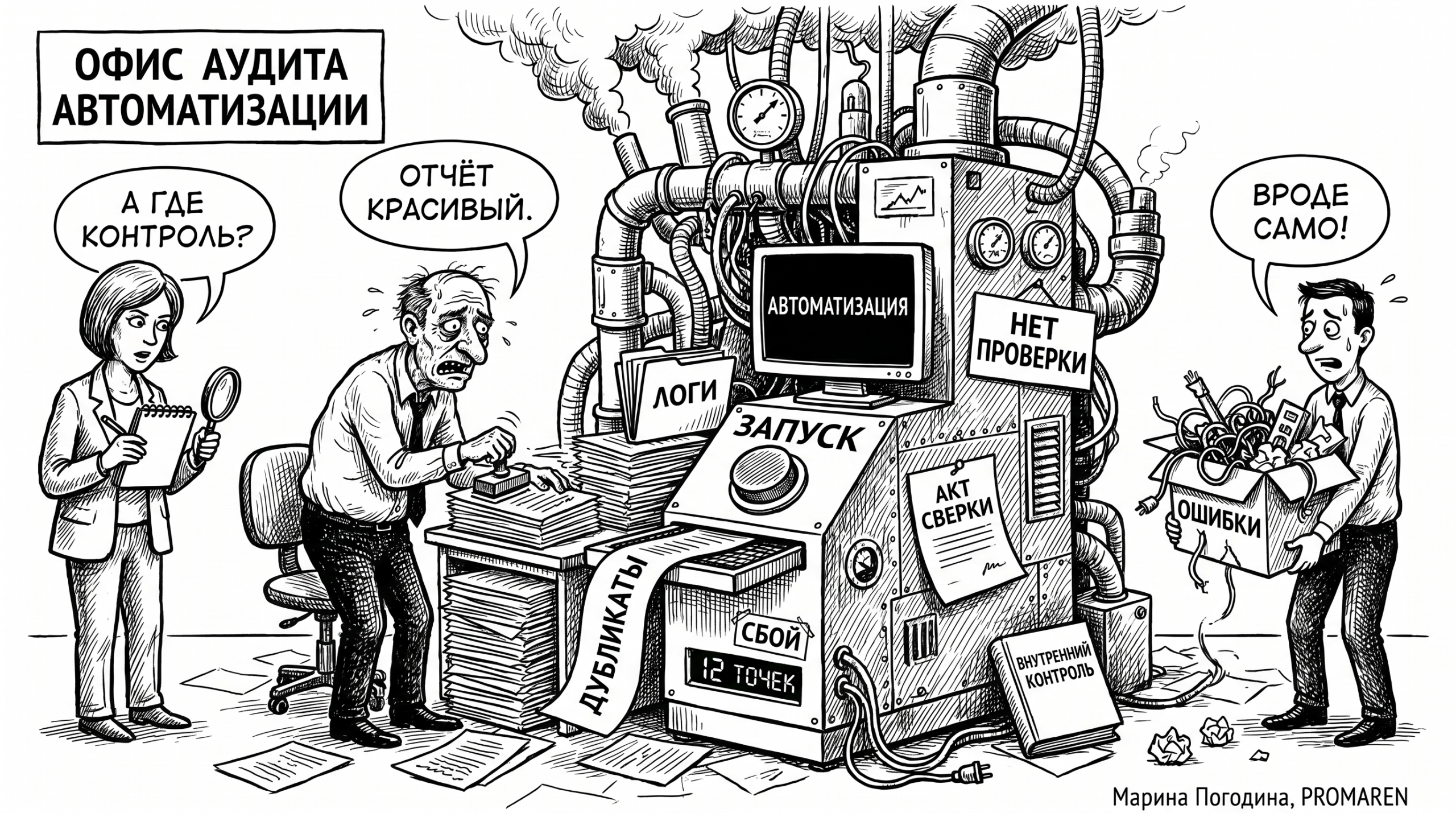 Чёрно-белая карикатура про автоматизацию без контроля и аудитора с блокнотом | Марина Погодина, PROMAREN