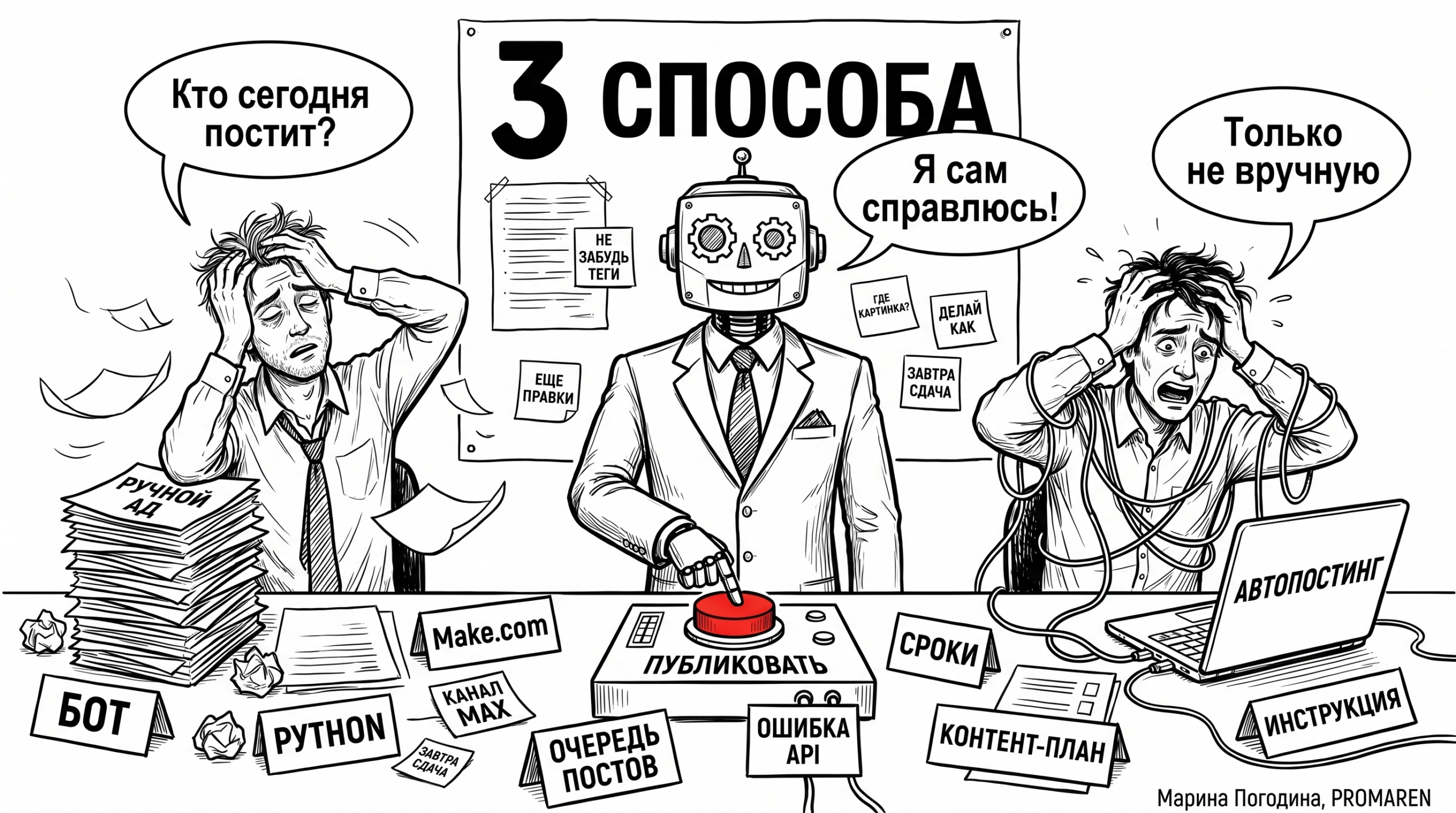 Чёрно-белая карикатура о трёх способах автопостинга в MAX с ботом, маркетологом и инженером | Марина Погодина, PROMAREN