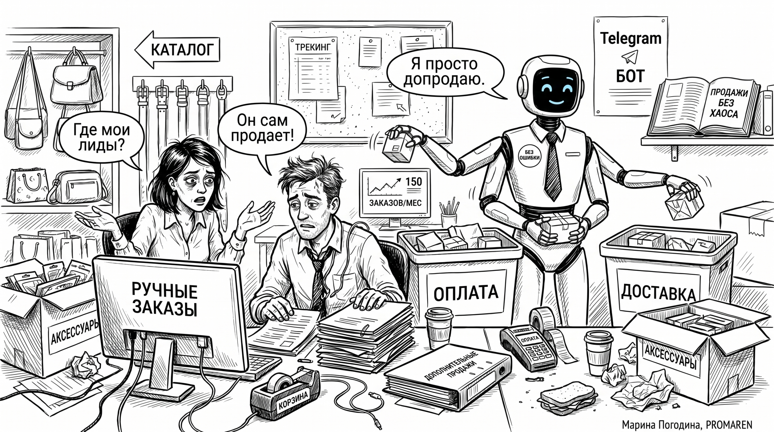 Черно-белая карикатура: бот-продавец заменяет ручную обработку заказов в Telegram | Марина Погодина, PROMAREN