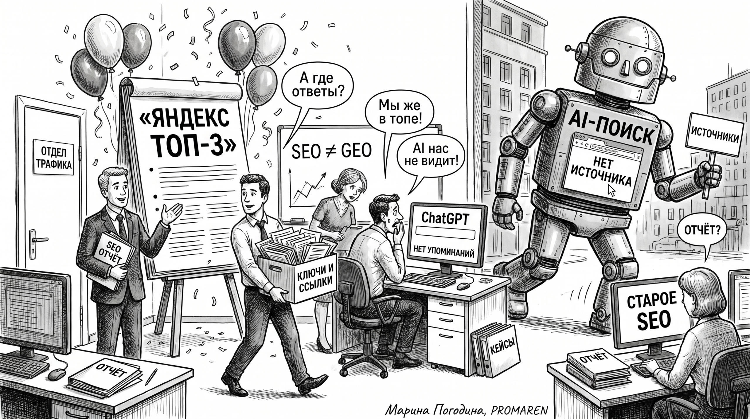 Чёрно-белая карикатура о команде SEO, которую не замечает AI-поиск | Марина Погодина, PROMAREN