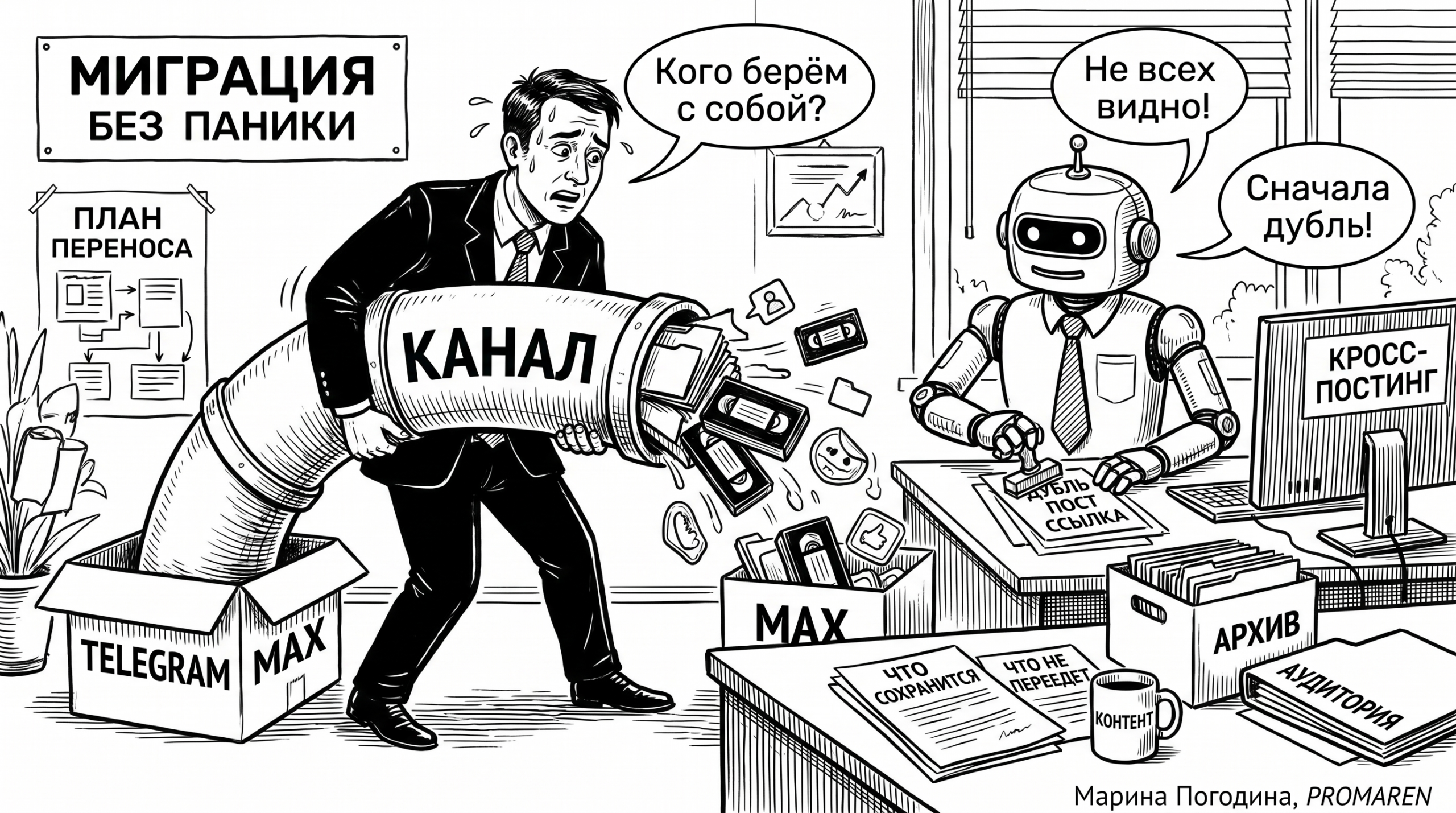Чёрно-белая карикатура о переносе канала из Telegram в MAX с ботом, документами и репликами | Марина Погодина, PROMAREN