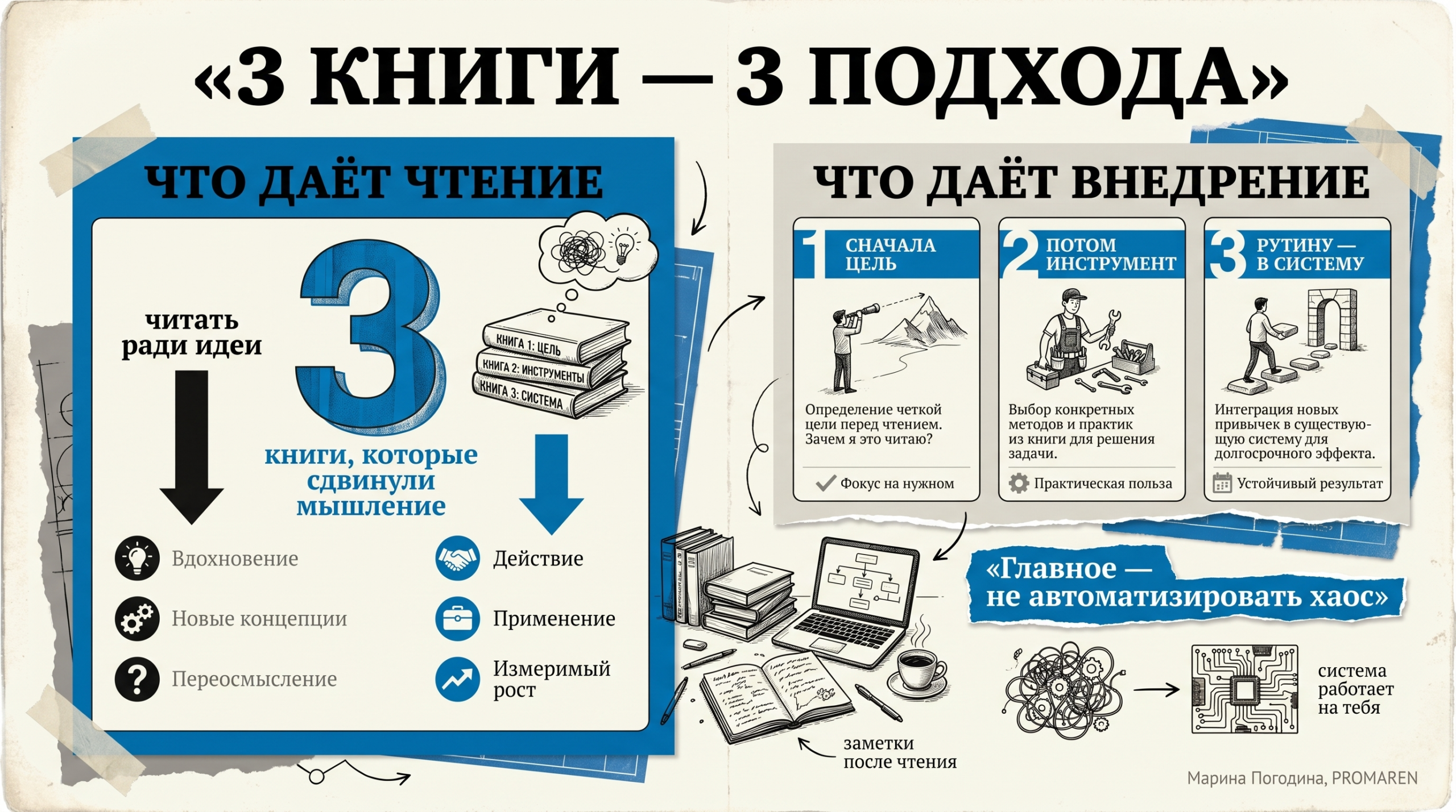 Инфографика сравнивает чтение книг про автоматизацию и реальное внедрение в бизнес | Марина Погодина, PROMAREN