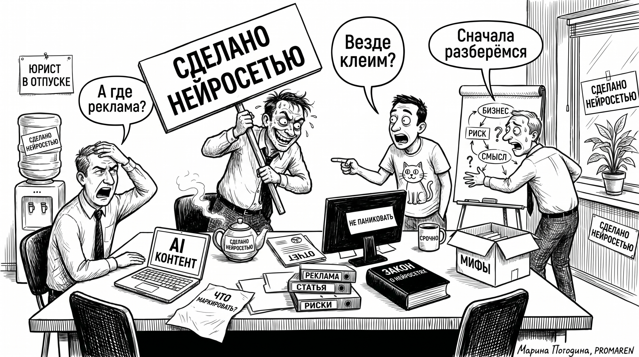 Чёрно-белая карикатура о путанице вокруг маркировки AI-контента в бизнесе | Марина Погодина, PROMAREN