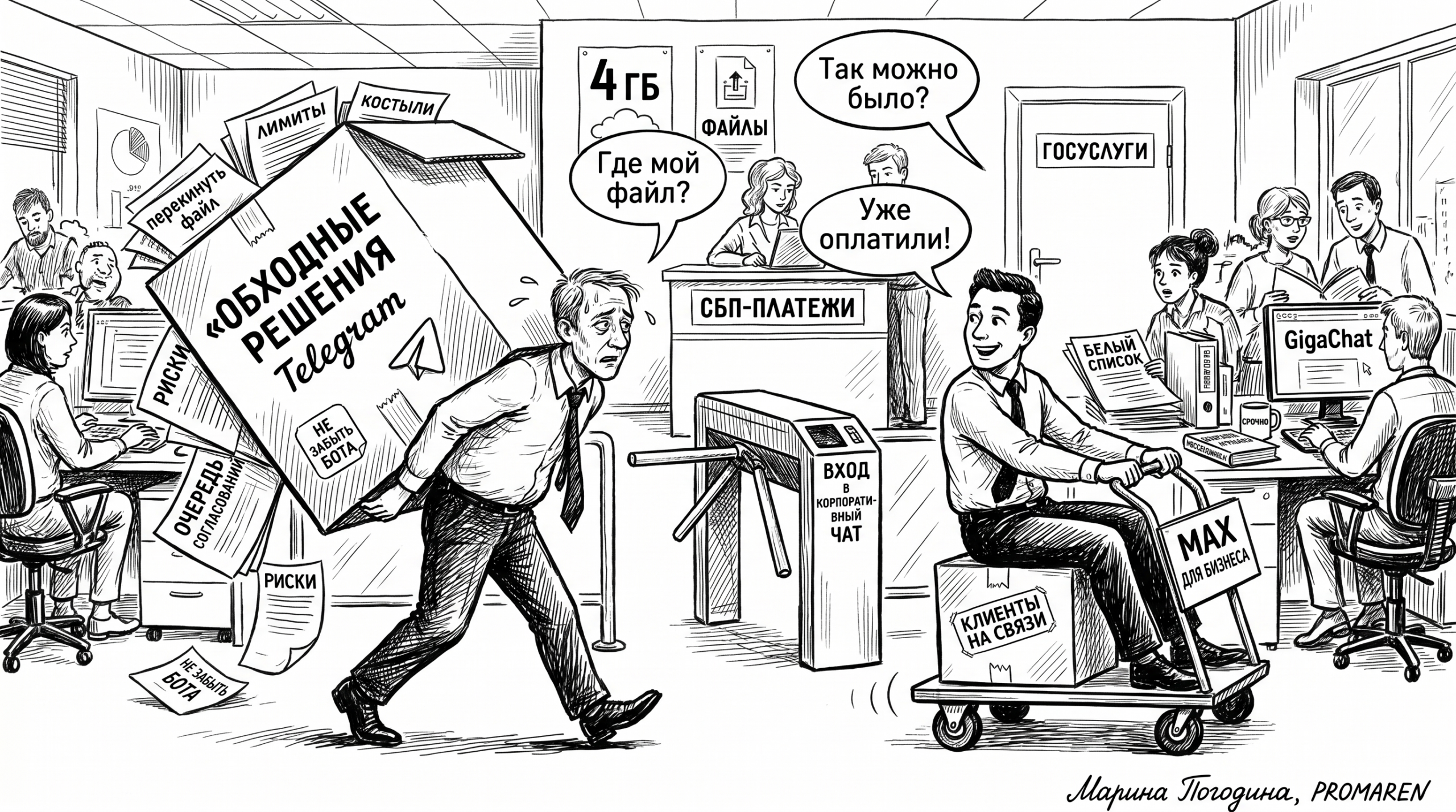 Чёрно-белая карикатура о MAX и Telegram в офисе с подписями и шутками | Марина Погодина, PROMAREN