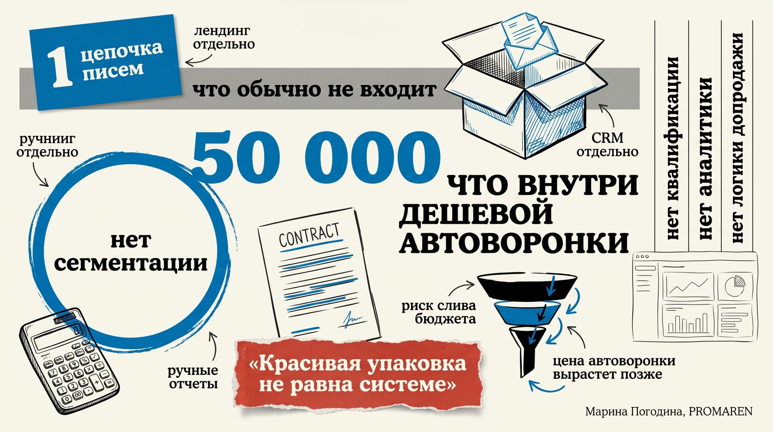 Инфографика разбирает, что реально входит в автоворонку за 50 000 и чего в ней обычно нет | Марина Погодина, PROMAREN
