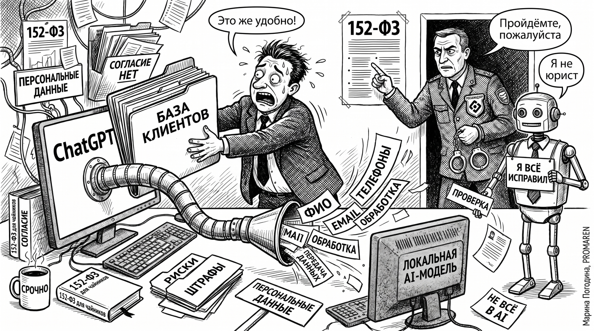 Чёрно-белая карикатура о нарушении 152-ФЗ при загрузке базы клиентов в ChatGPT | Марина Погодина, PROMAREN