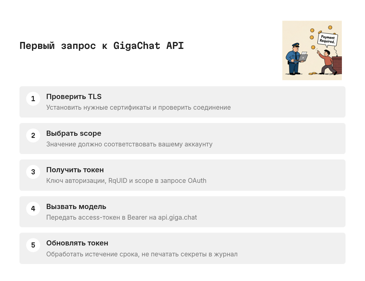Первый запрос к GigaChat API: Проверить TLS, Выбрать scope, Получить токен, Вызвать модель, Обновлять токен