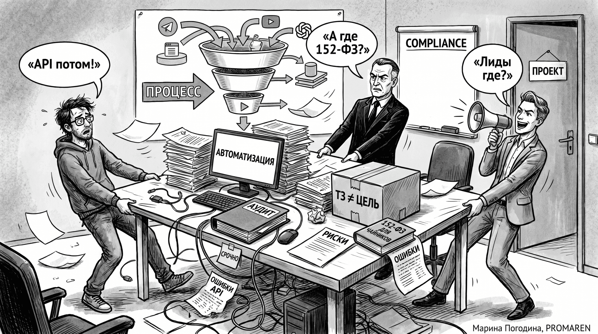 Чёрно-белая карикатура о конфликте программиста, compliance и маркетинга в автоматизации | Марина Погодина, PROMAREN