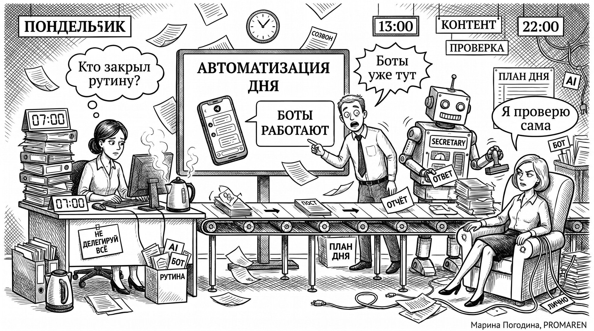 Чёрно-белая карикатура о понедельнике с ботами, задачами и ручной проверкой | Марина Погодина, PROMAREN