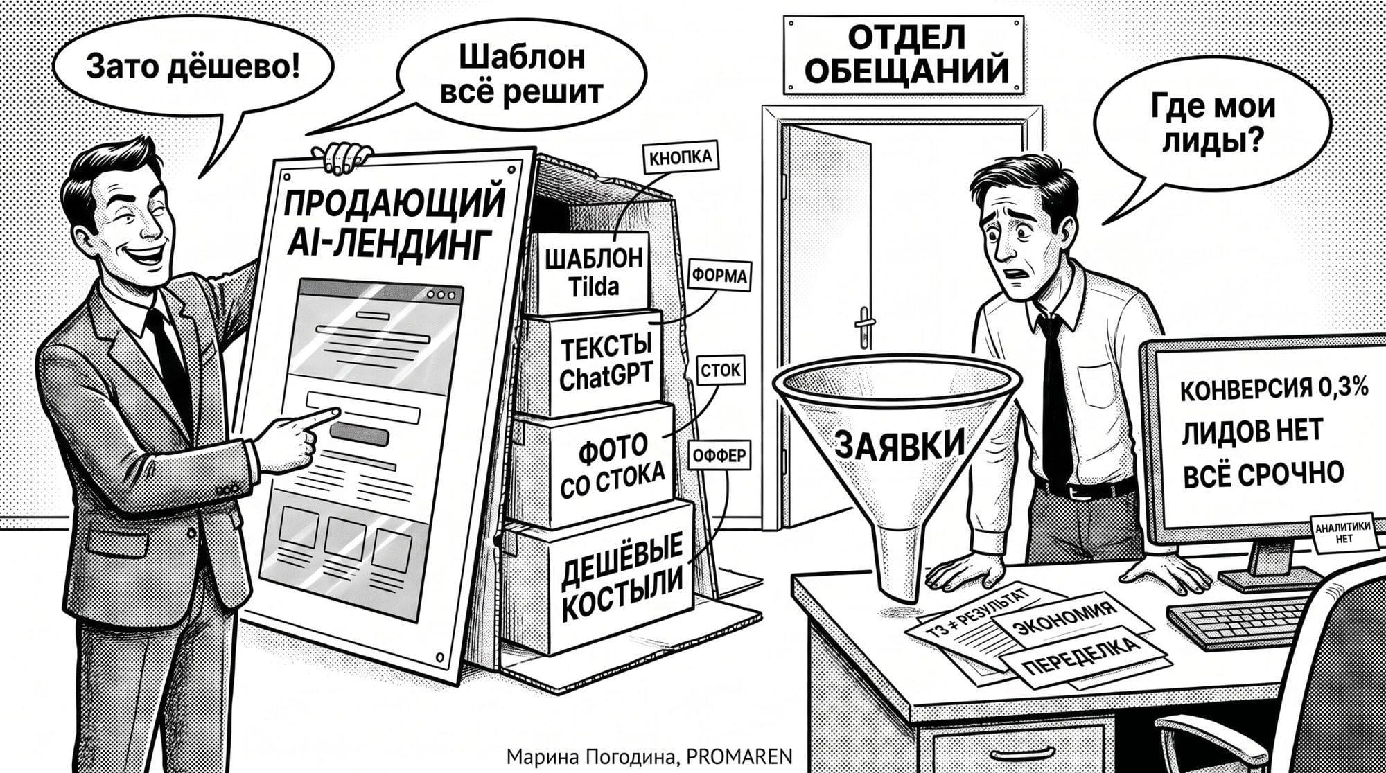 Чёрно-белая карикатура про дешёвый AI-лендинг: красивые обещания, шаблон Tilda и конверсия 0,3% | Марина Погодина, PROMAREN
