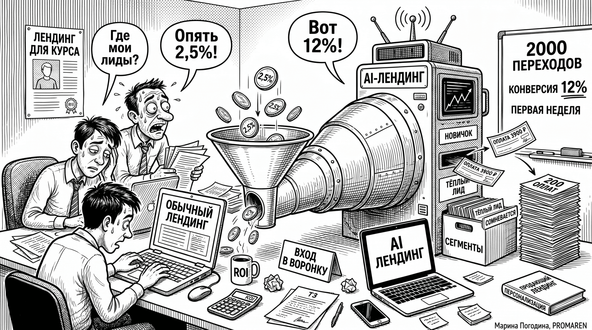 Чёрно-белая карикатура про лендинг для курса, AI-воронку, рост конверсии и 200 оплат | Марина Погодина, PROMAREN