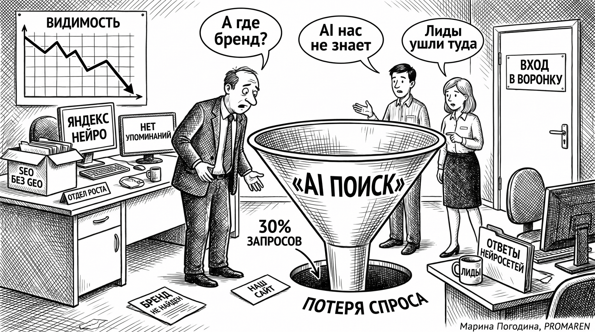Чёрно-белая карикатура о том, как бизнес теряется в AI-поиске и не попадает в ответы нейросетей | Марина Погодина, PROMAREN