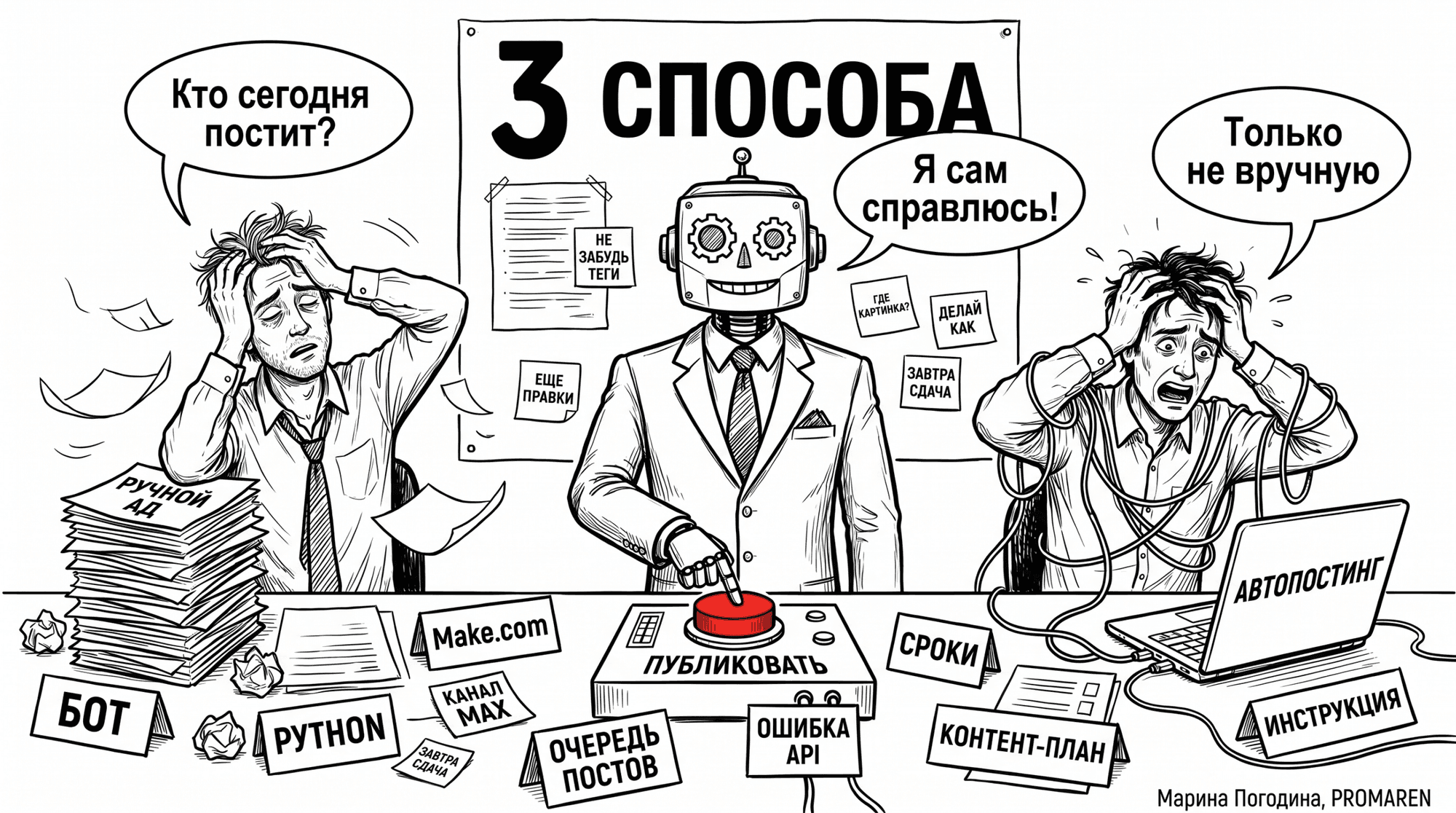 Чёрно-белая карикатура о трёх способах автопостинга в MAX с ботом, маркетологом и инженером | Марина Погодина, PROMAREN
