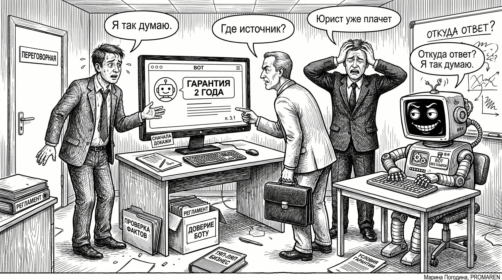Карикатура о бизнес-боте без ссылок на источник и недоверии клиента | Марина Погодина, PROMAREN
