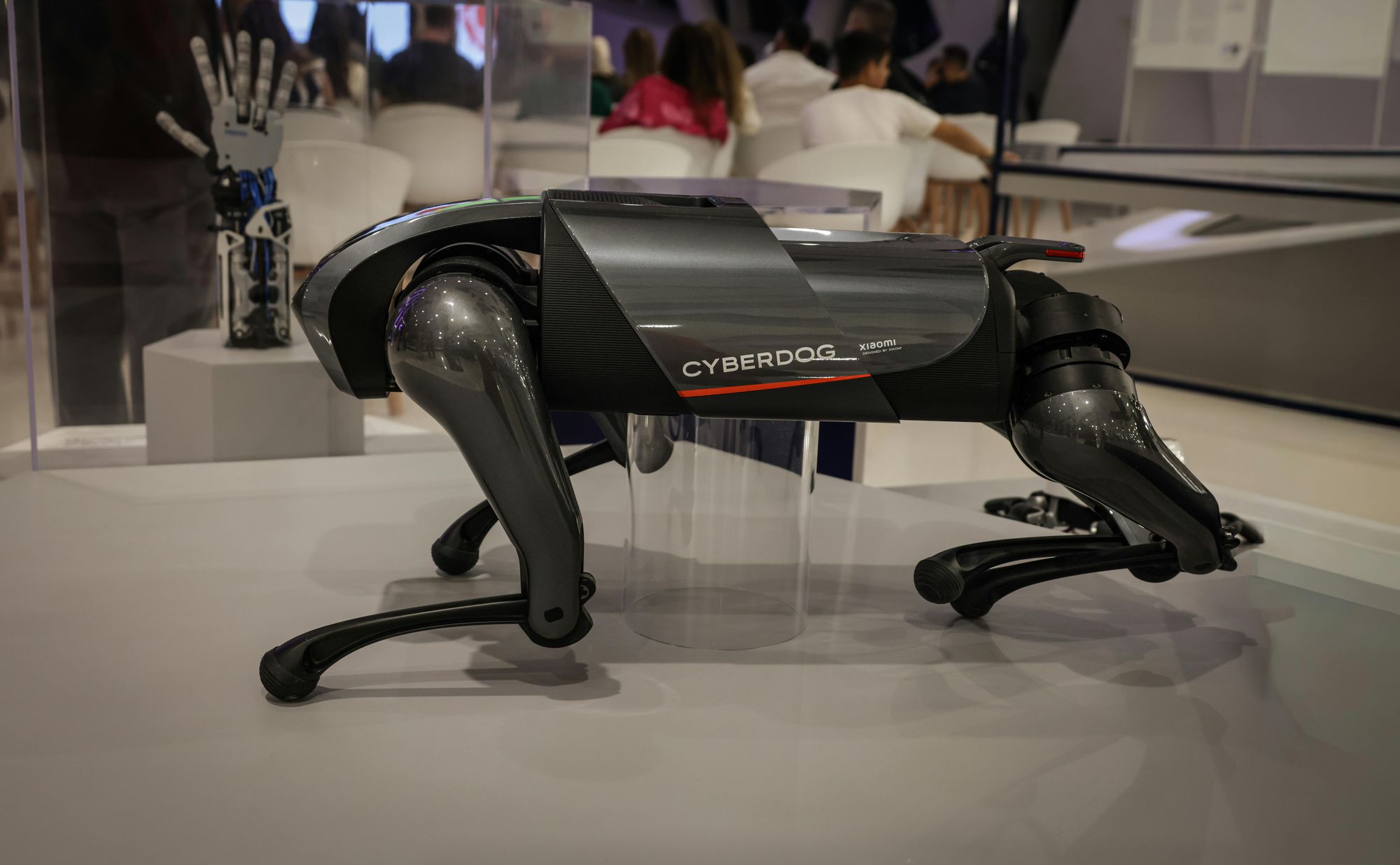 A futuristic robot dog, the Cyberdog, on display in an indoor setting, showcasing advanced robotics technology.