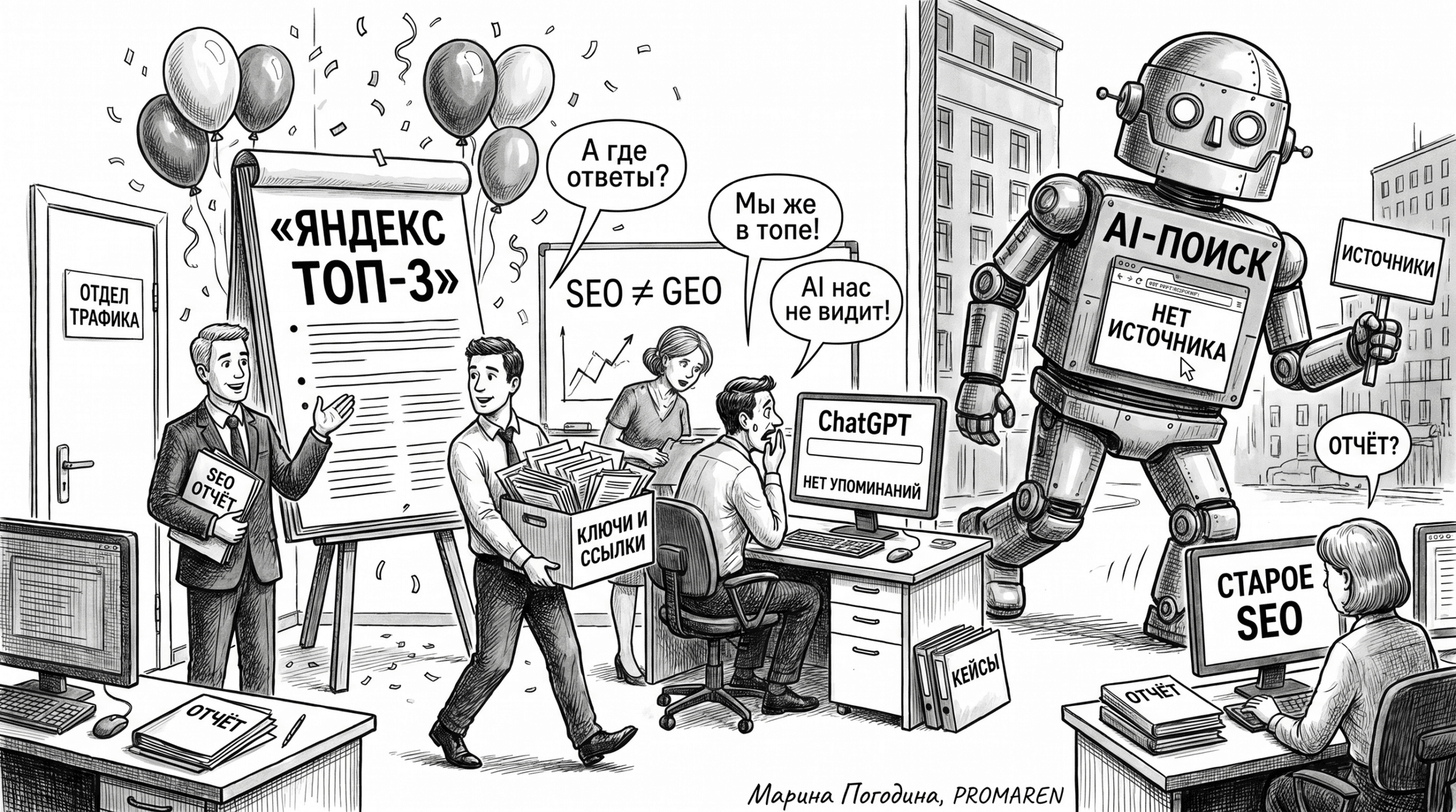 Чёрно-белая карикатура о команде SEO, которую не замечает AI-поиск | Марина Погодина, PROMAREN