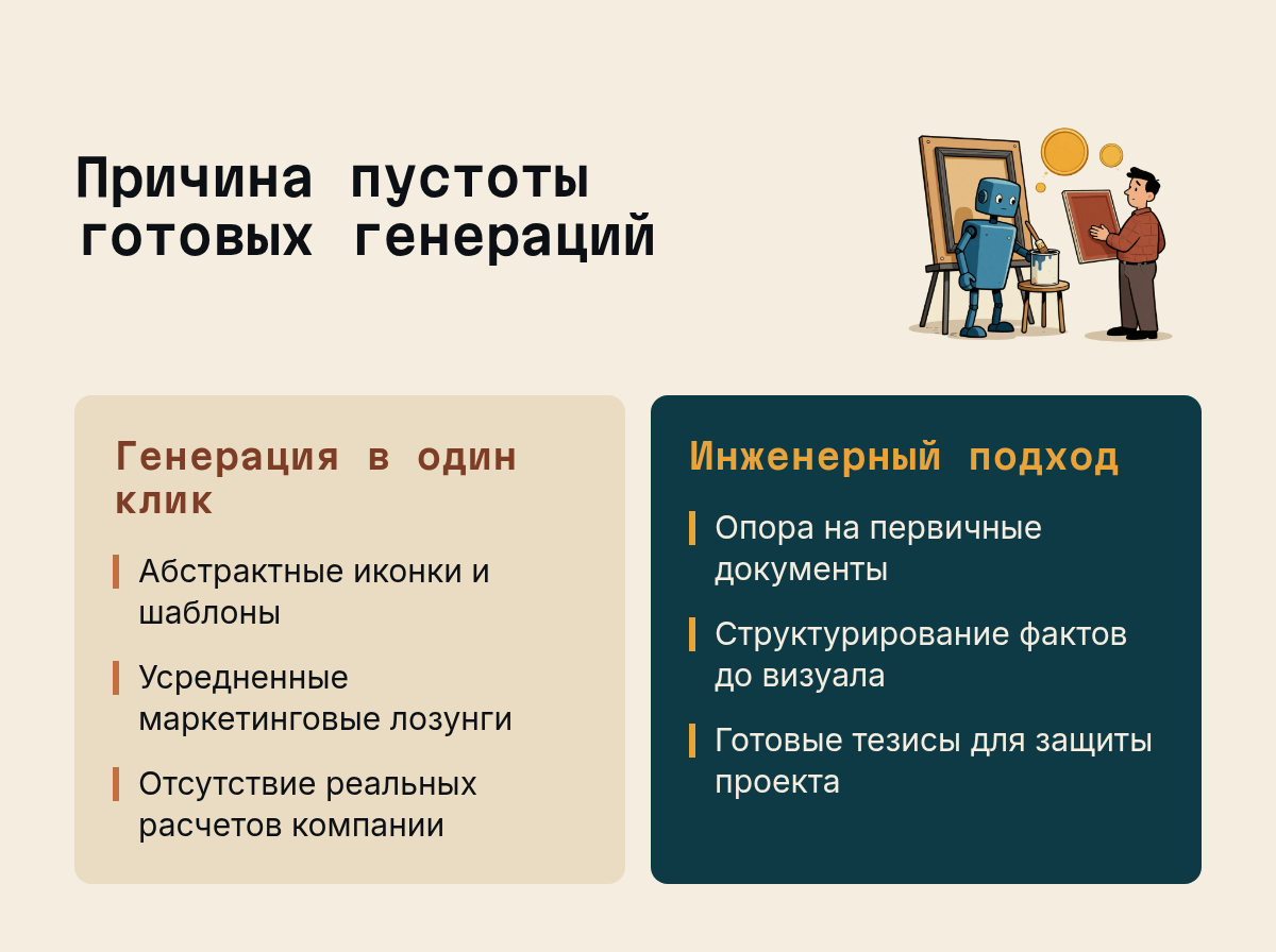 Причина пустоты готовых генераций: Генерация в один клик: Абстрактные иконки и шаблоны, Усредненные маркетинговые лозунги, Отсутствие реальных расчетов компании; Инженерный подход: Опора на первичные…. Иллюстрация к разделу Почему генераторы готовых слайдов выдают пустой результат, вид: две колонки