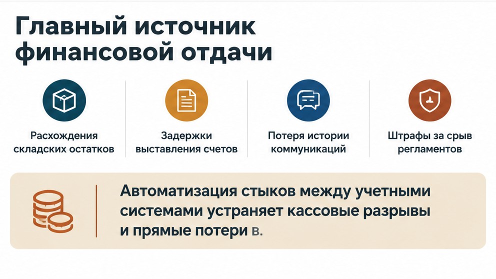 Главный источник финансовой отдачи: Расхождения складских остатков, Задержки выставления счетов, Потеря истории коммуникаций, Штрафы за срыв регламентов. Иллюстрация к разделу Где бизнес теряет реальные средства, вид: карточка факта