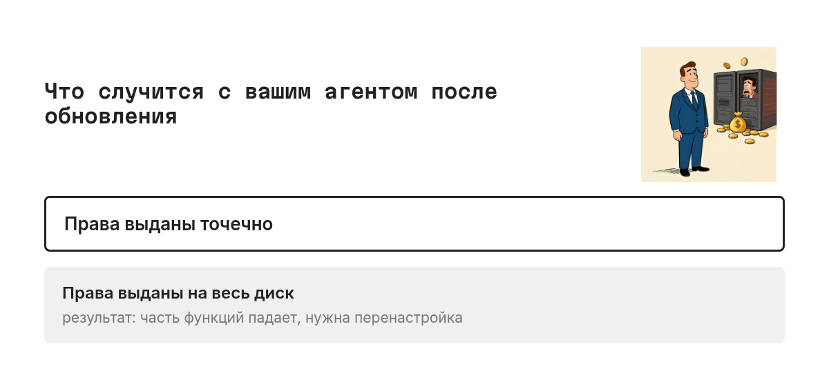 Схема-развилка: если агент запрашивал только конкретные папки и отдельные типы данных, обновление его почти не заденет; если агент работал от Full Disk Access на весь диск, после ужесточения контроля часть функций сломается и потребует перенастройки.
