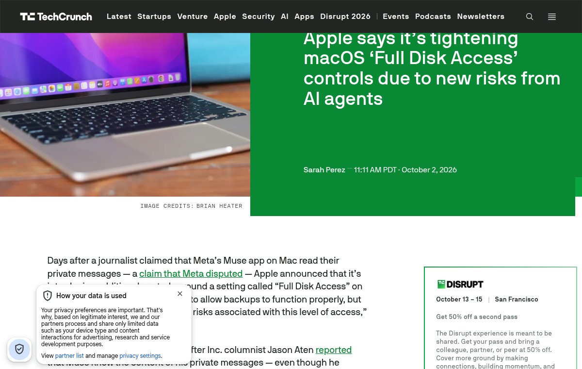 Снимок страницы TechCrunch: первый экран с заголовком Apple says it’s tightening macOS ‘Full Disk Access’ controls due to new risks from AI agents