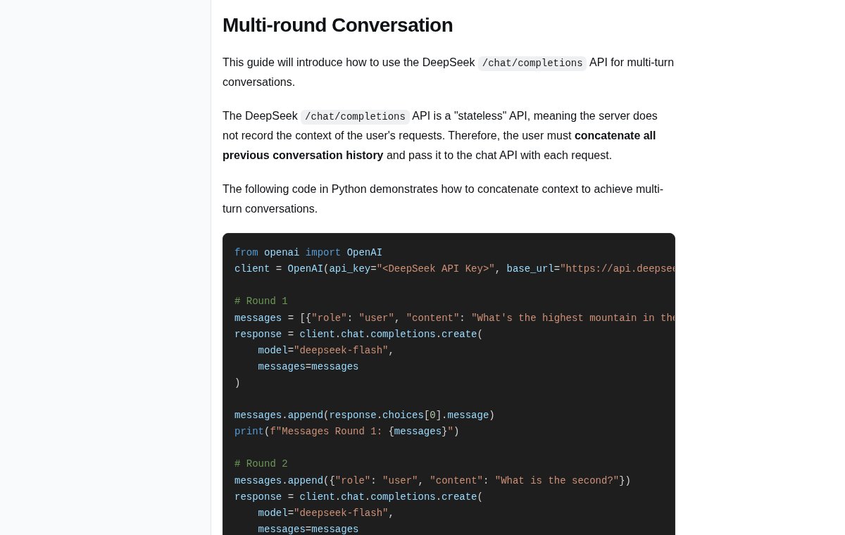 Снимок страницы api-docs.deepseek.com: первый экран с заголовком Multi-round Conversation