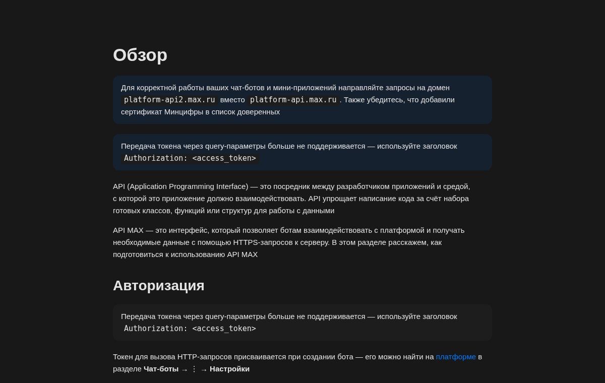 Снимок страницы dev.max.ru: первый экран с заголовком Обзор