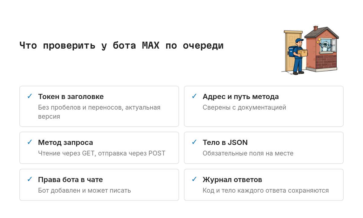 Сетка из шести равноправных проверок: токен передаётся в заголовке, адрес сервера и путь метода сверены с документацией, метод запроса верный, тело в формате JSON, у бота есть права в чате, каждый ответ пишется в журнал.