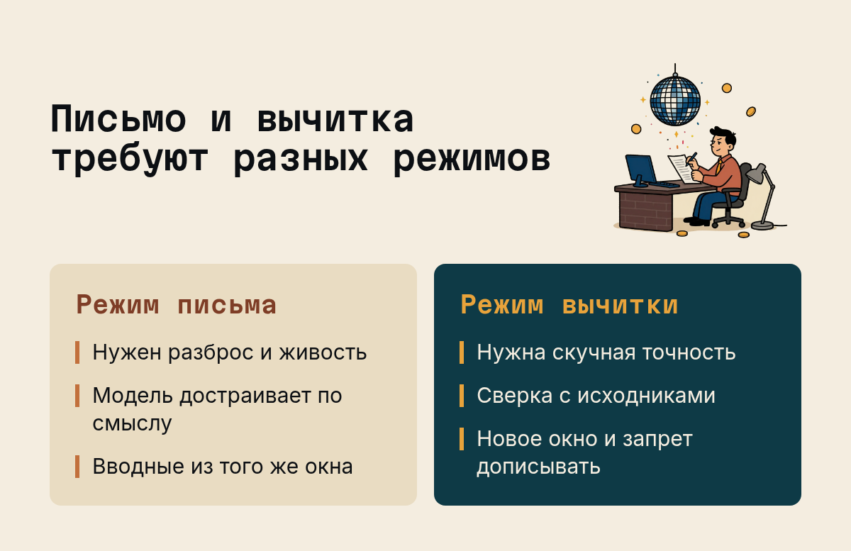 Письмо и вычитка требуют разных режимов: Режим письма: Нужен разброс и живость, Модель достраивает по смыслу, Вводные из того же окна; Режим вычитки: Нужна скучная точность, Сверка с исходниками, Новое…. Иллюстрация к разделу Почему просьба проверить себя в том же чате не работает, вид: две колонки