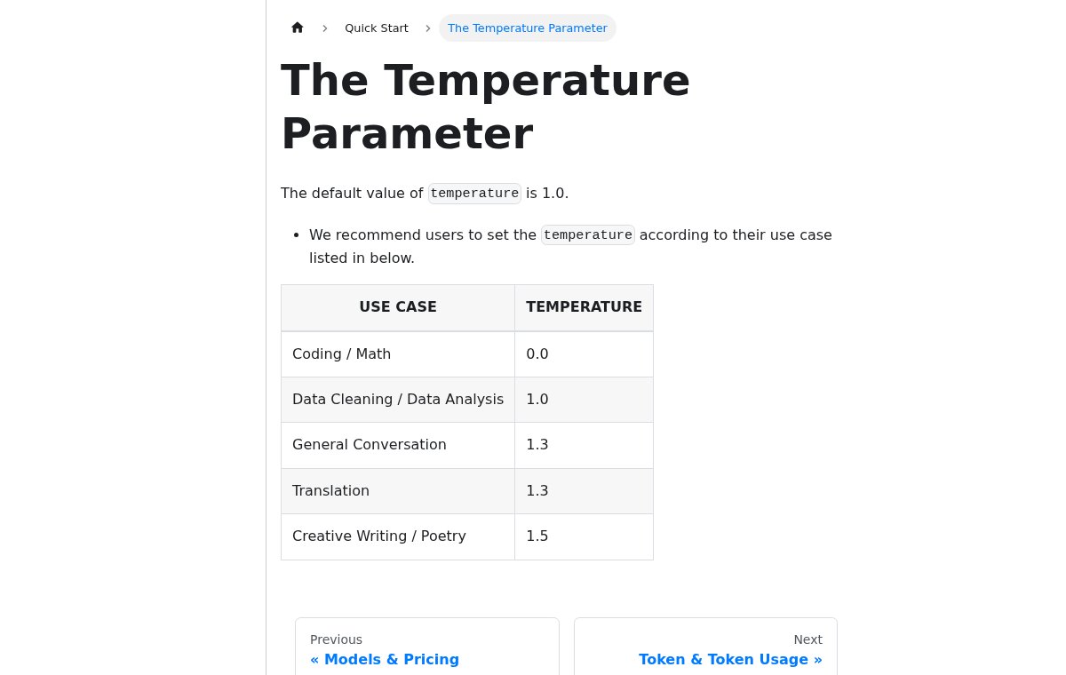 Снимок страницы api-docs.deepseek.com: первый экран с заголовком The Temperature Parameter