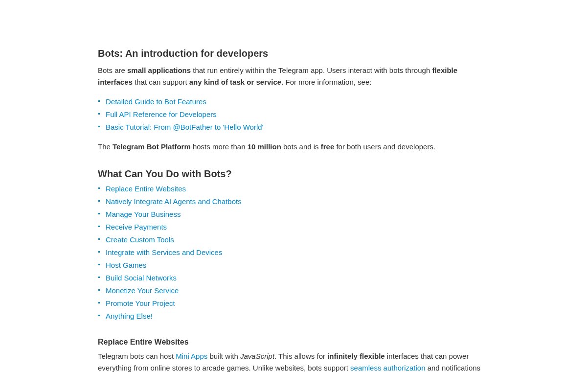 Снимок страницы core.telegram.org: первый экран с заголовком Bots: An introduction for developers