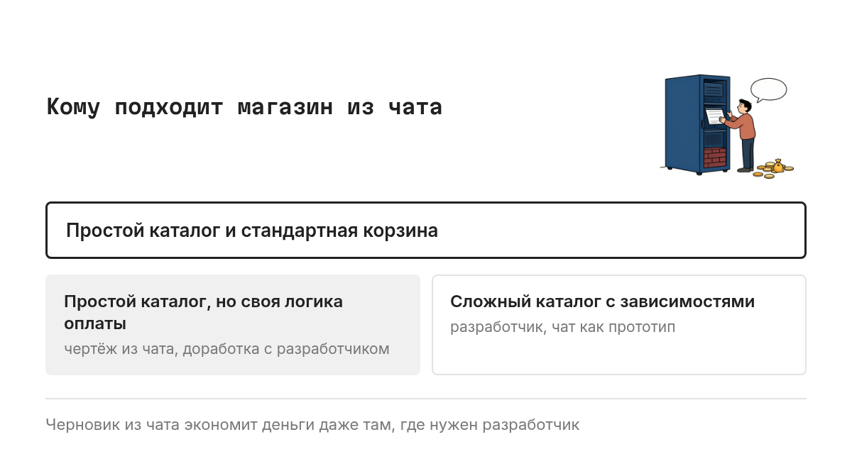 Схема-развилка: если каталог простой и сценарий покупки стандартный, Canvas закрывает задачу. Если товаров много с зависимостями или нужна нестандартная логика оплаты, идите к разработчику с готовым черновиком.