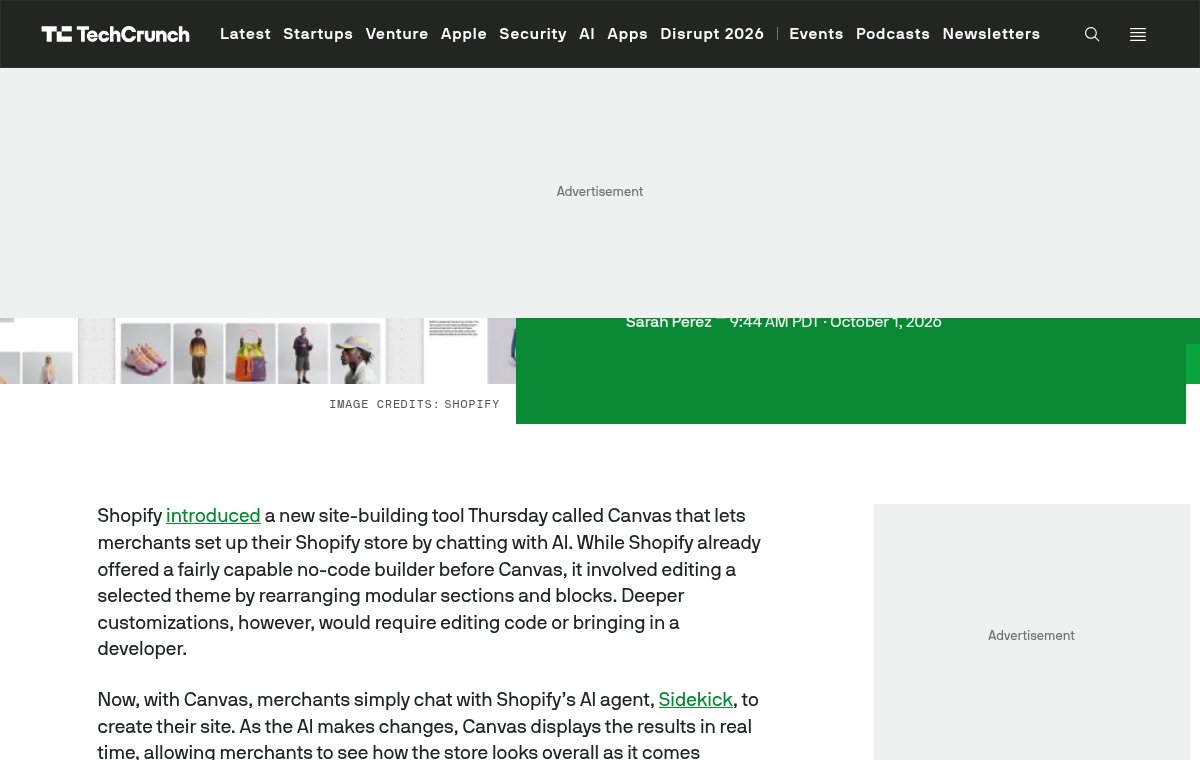 Снимок страницы TechCrunch: первый экран с заголовком Shopify debuts Canvas, a way to build online stores by chatting with AI