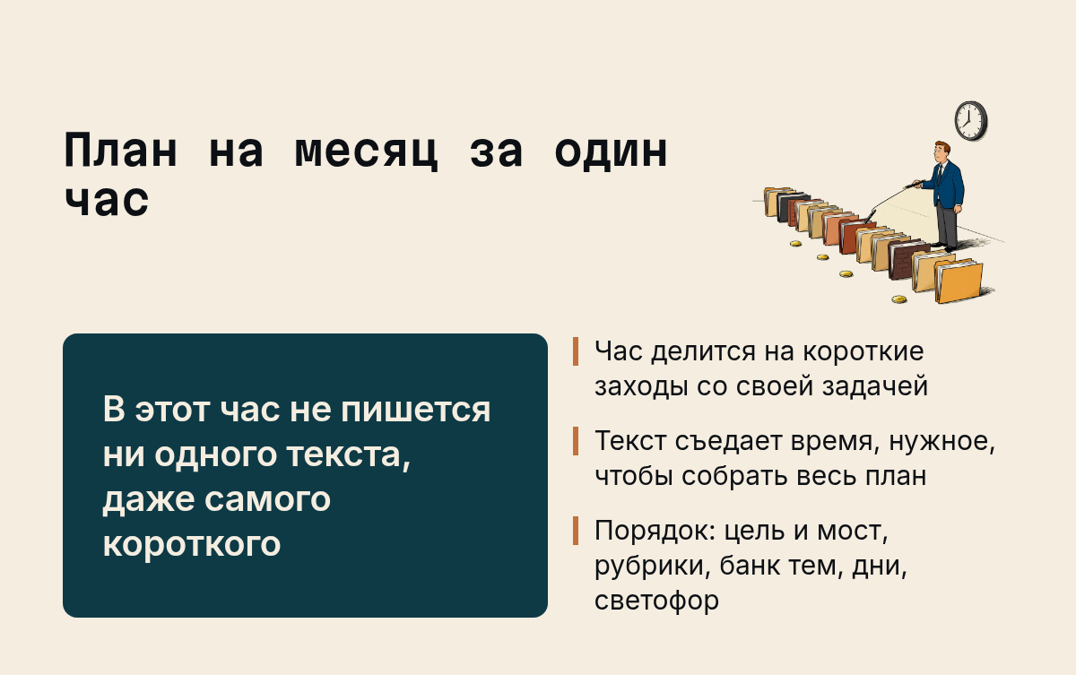 План на месяц за один час: В этот час не пишется ни одного текста, даже самого короткого, Час делится на короткие заходы со своей задачей, Текст съедает время, нужное, чтобы собрать весь план, Порядок: цель и мост, рубрики…. Иллюстрация к разделу Метод: план на месяц за час, вид: карточка факта